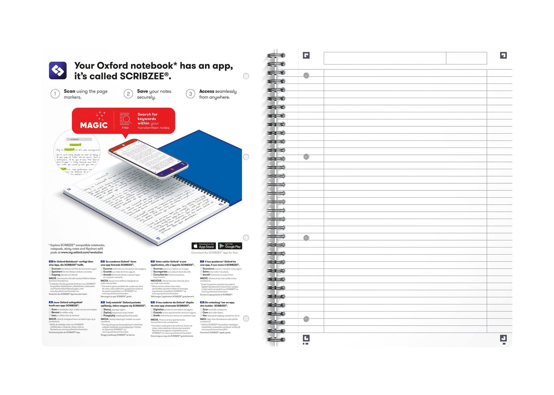 Collegeblok Oxford Office Essentials A4+ lijn 4-gaats 180 pagina's 80gr assorti 8