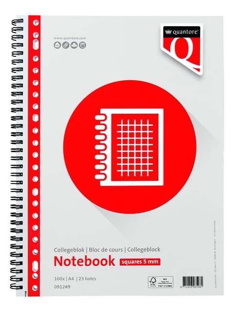 Collegeblok Quantore A4 ruit 5mm 23-gaats 200 pagina's 70gr
