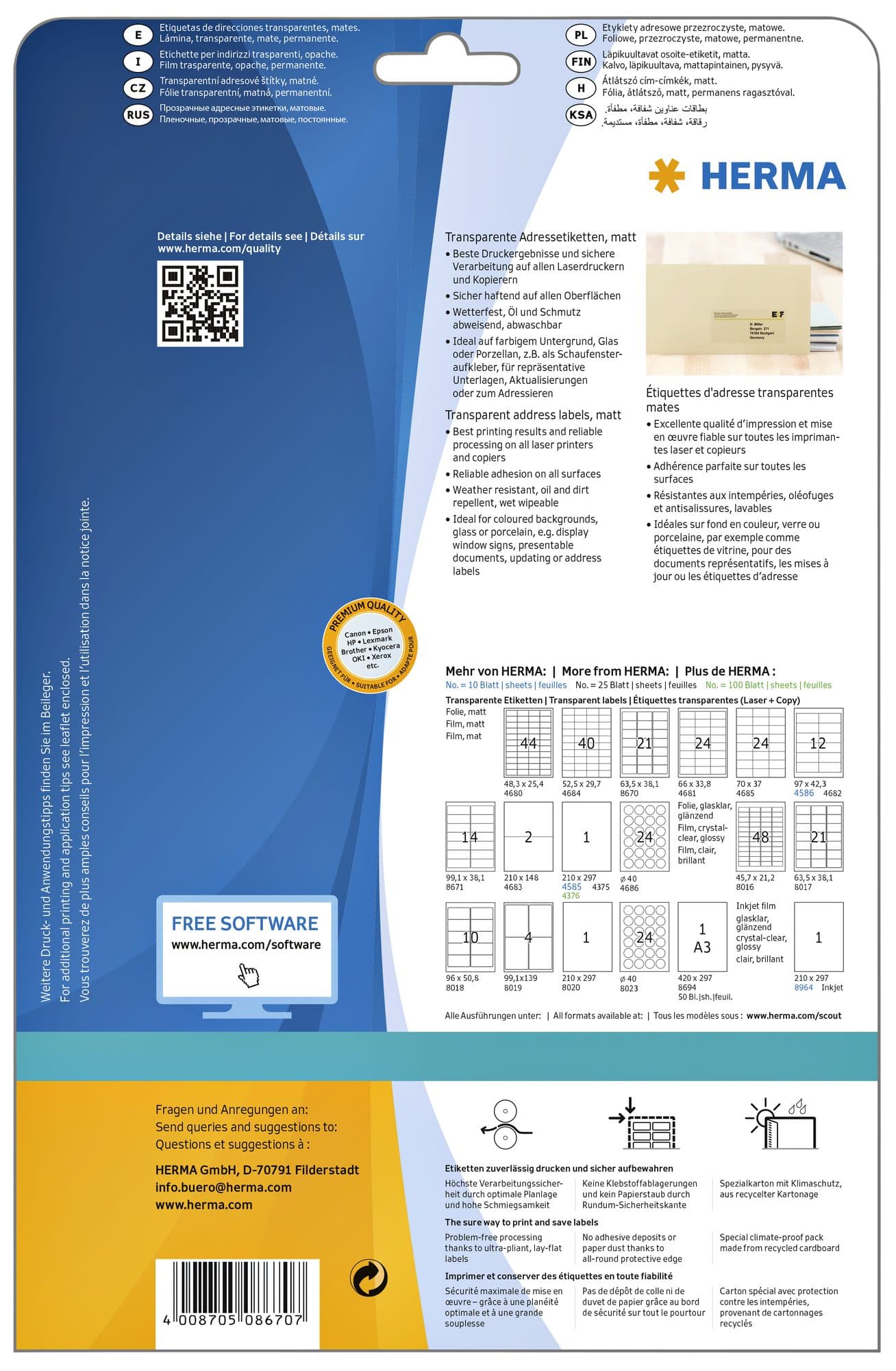 Etiket HERMA 8670 A4 63.5x38.1mm folie transparant mat 525 stuks 2