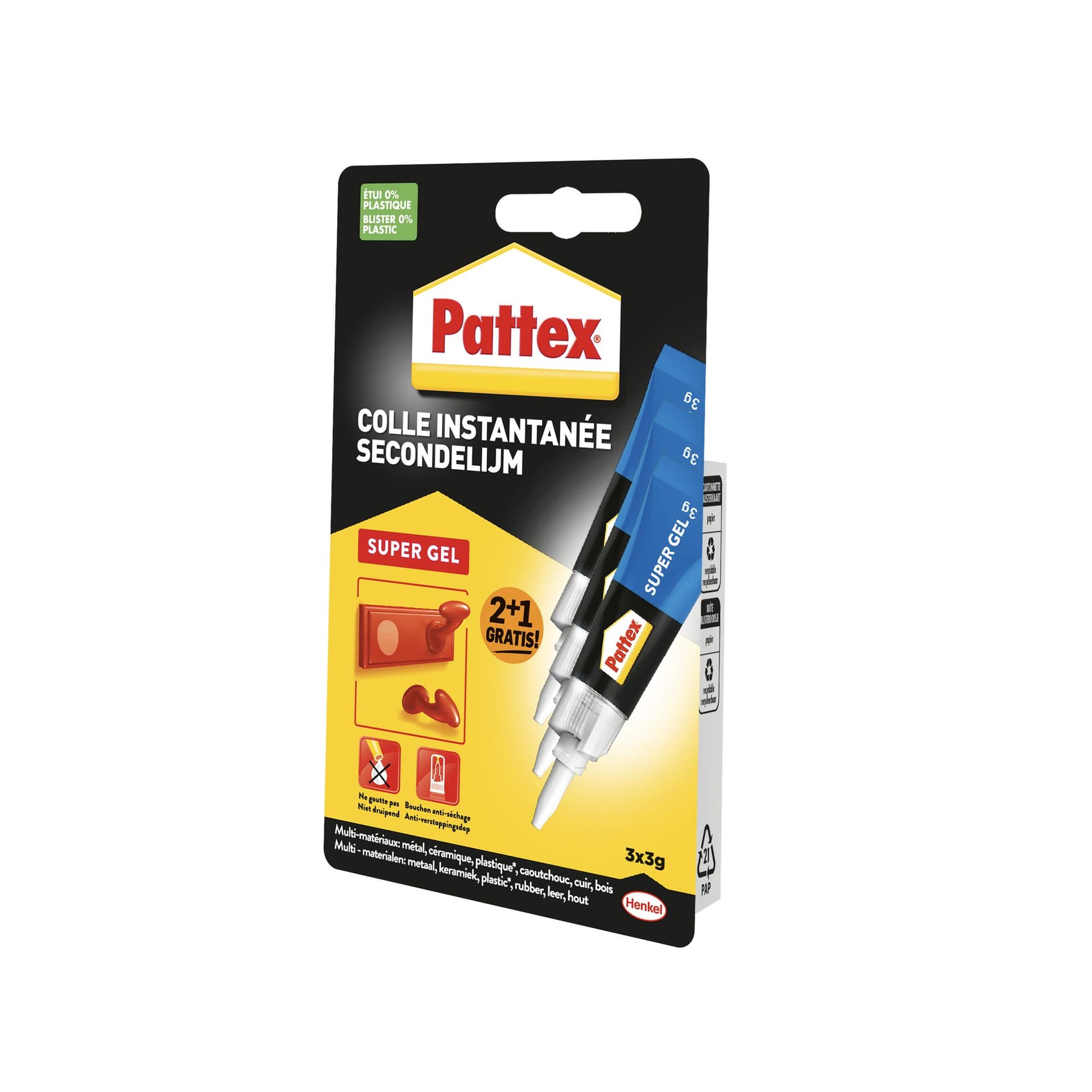 Secondelijm Pattex super gel 3 gram blister 2+1 gratis 2