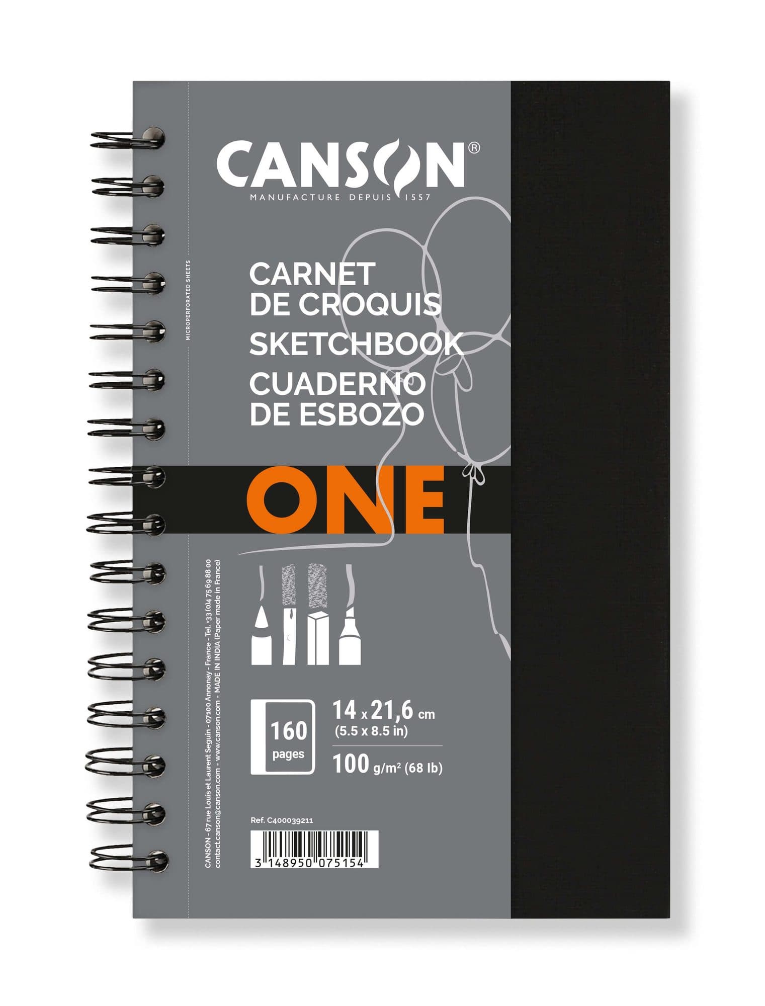 Schetsboek Canson Art Book One spiraalgebonden 80vel 100gr 140x216mm wit