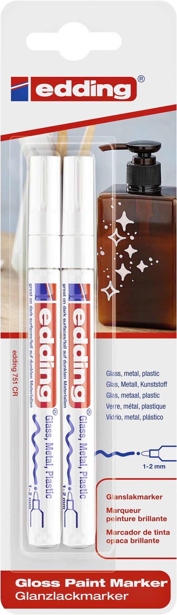 Paintmarker edding 751 op oliebasis 1-2mm wit blister à 2 stuks