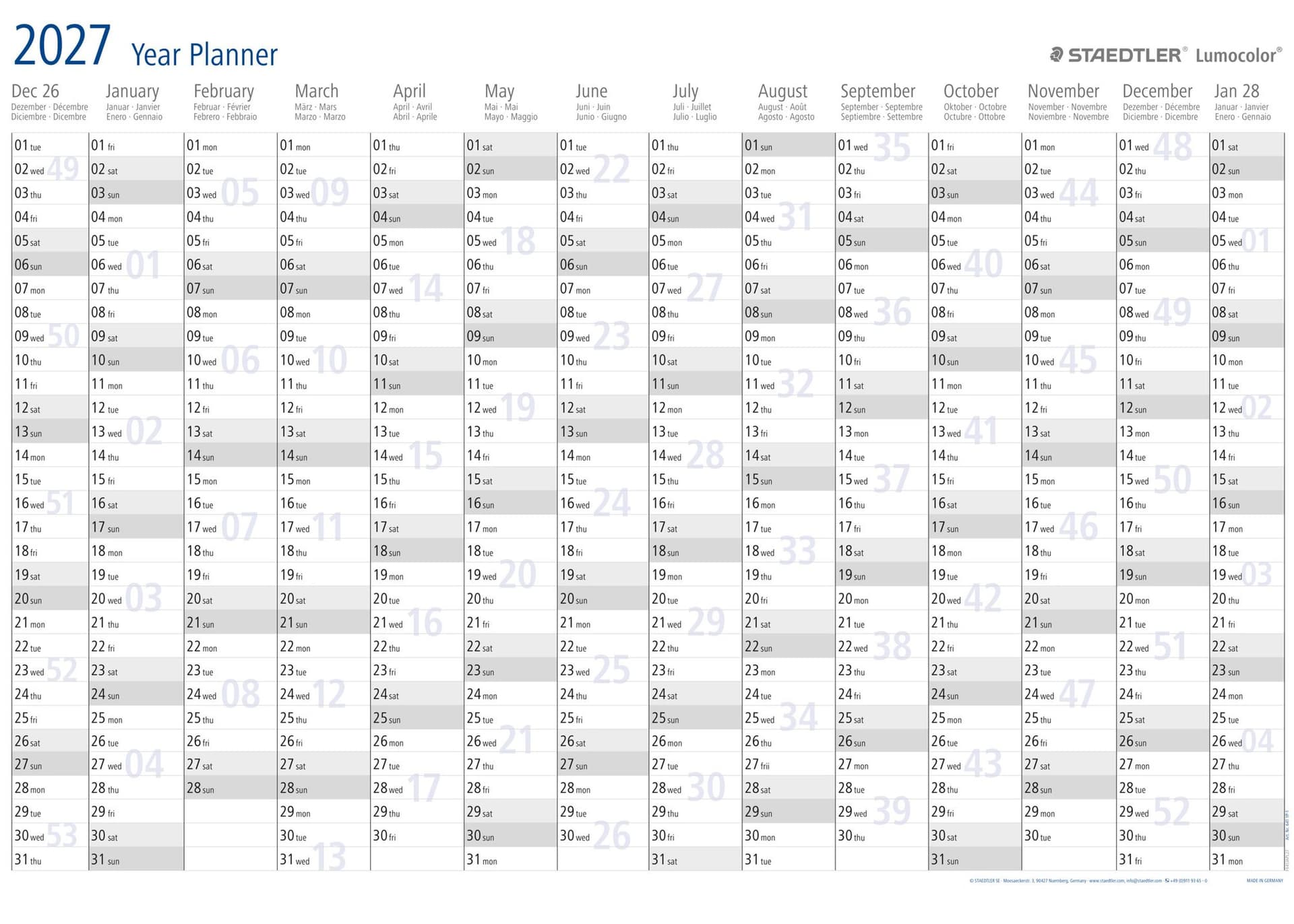 Jaarplanner 2027 Staedtler Lumocolor 84x60cm oprolbaar
