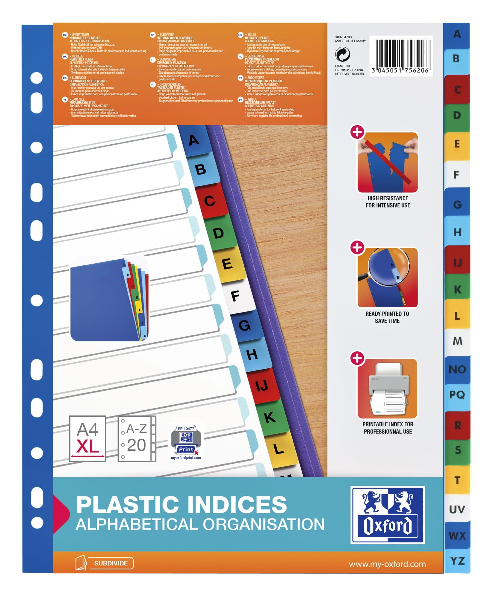 Tabbladen Oxford A4+ 11-gaats 20-delig A-Z PP kleur 2