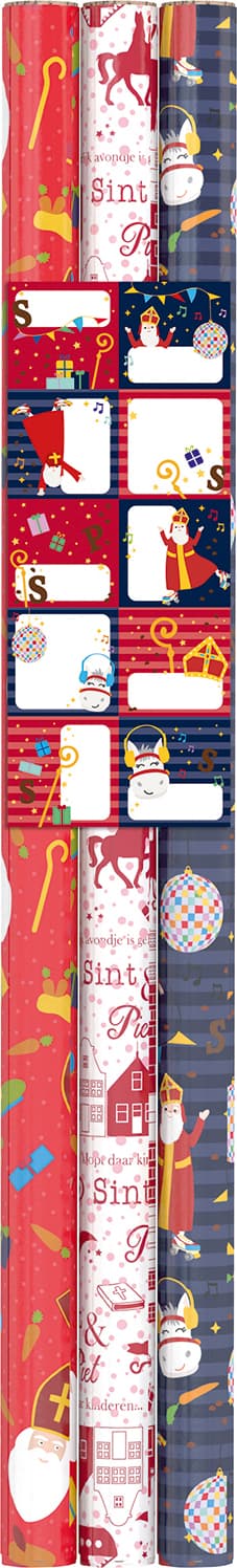 Inpakpapier Sint 200x70cm set à 3 rollen + stickervel met 10 etiketten assorti 3
