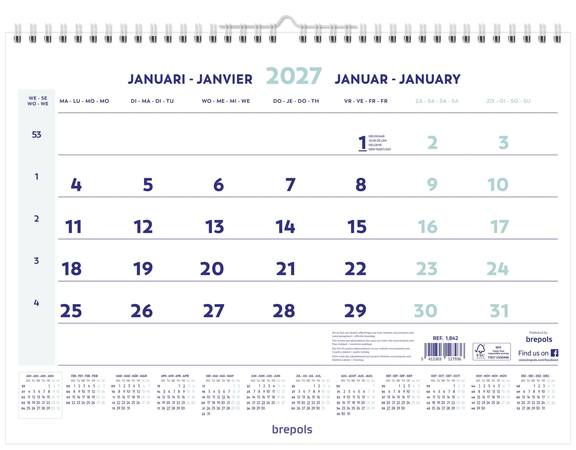 1-Maandskalender 2027 Brepols 43x31.5cm