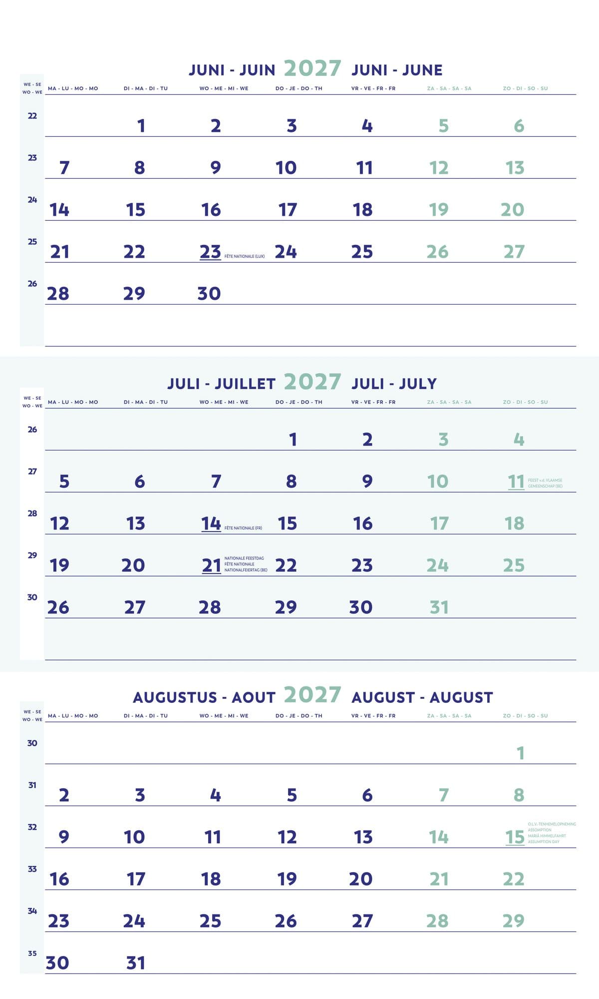 3-Maandkalender 2027 Brepols 30x43cm