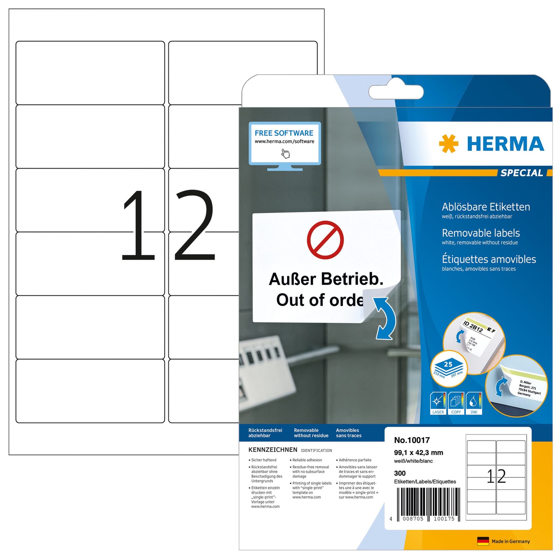 Etiket HERMA 10017 A4 99.1x42.3mm verwijderbaar wit 300 stuks