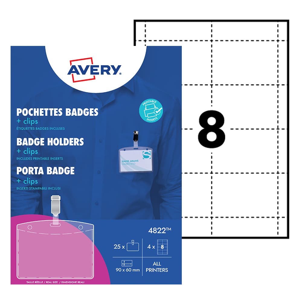 Badge Avery met clip 4822 60x90mm 25 stuks + 32 insteekkaarten 2