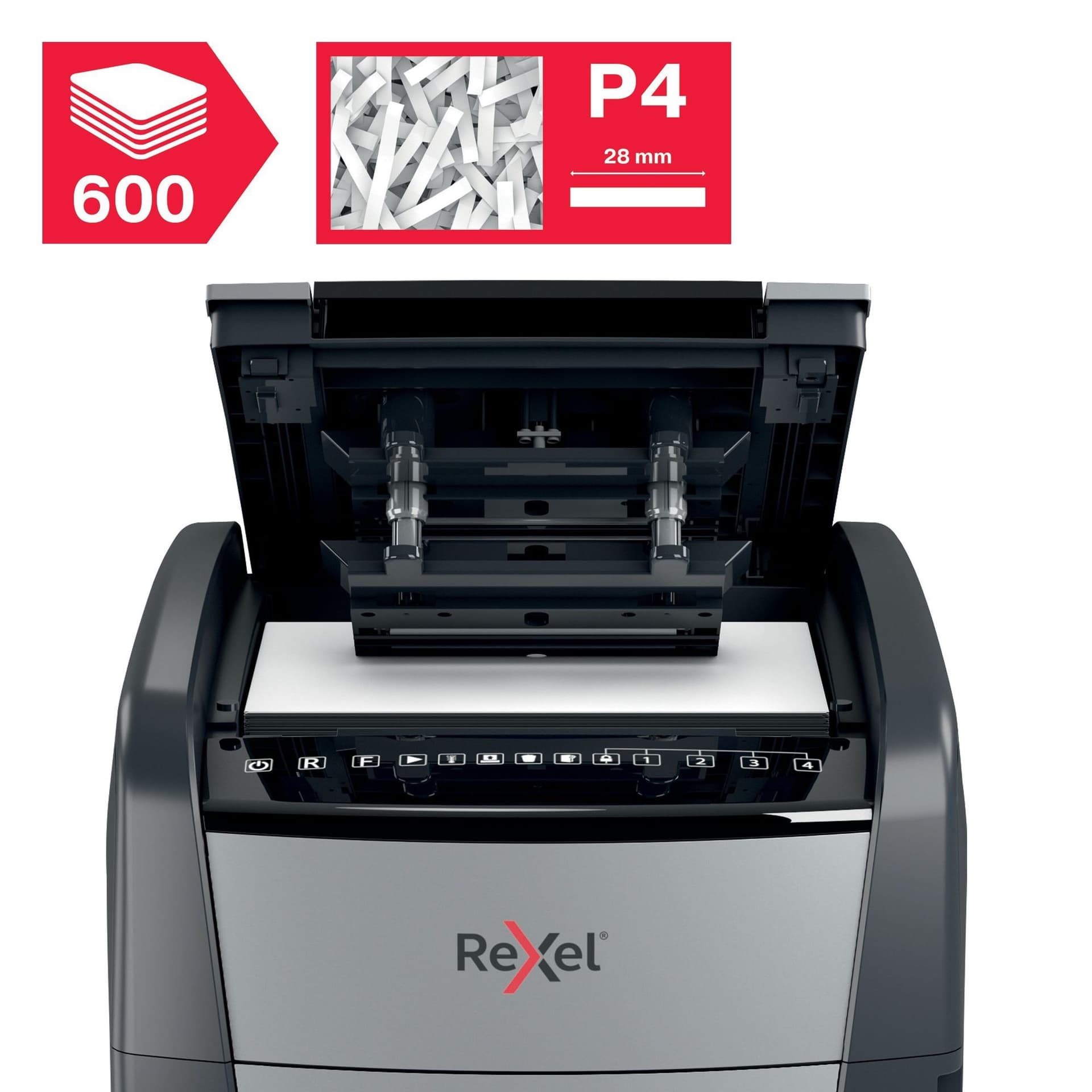 Papiervernietiger Rexel Optimum Auto+ 600X P4 snippers 4x30mm 8
