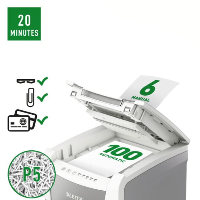 Papiervernietiger Leitz IQ Auto+ Small Office 100 P5 snippers 2x15mm 3