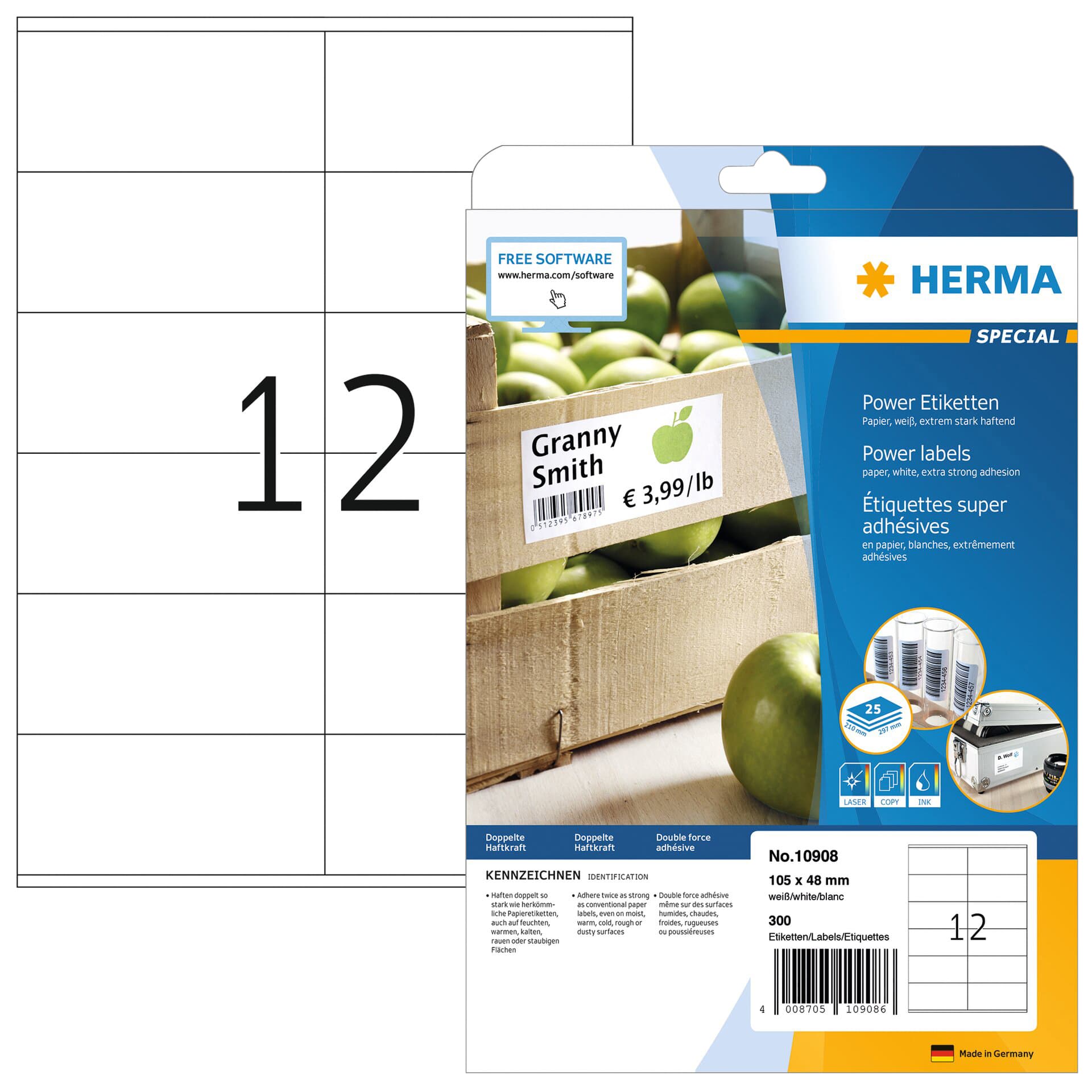 Etiket HERMA Power 10908 105x48mm wit 300 stuks