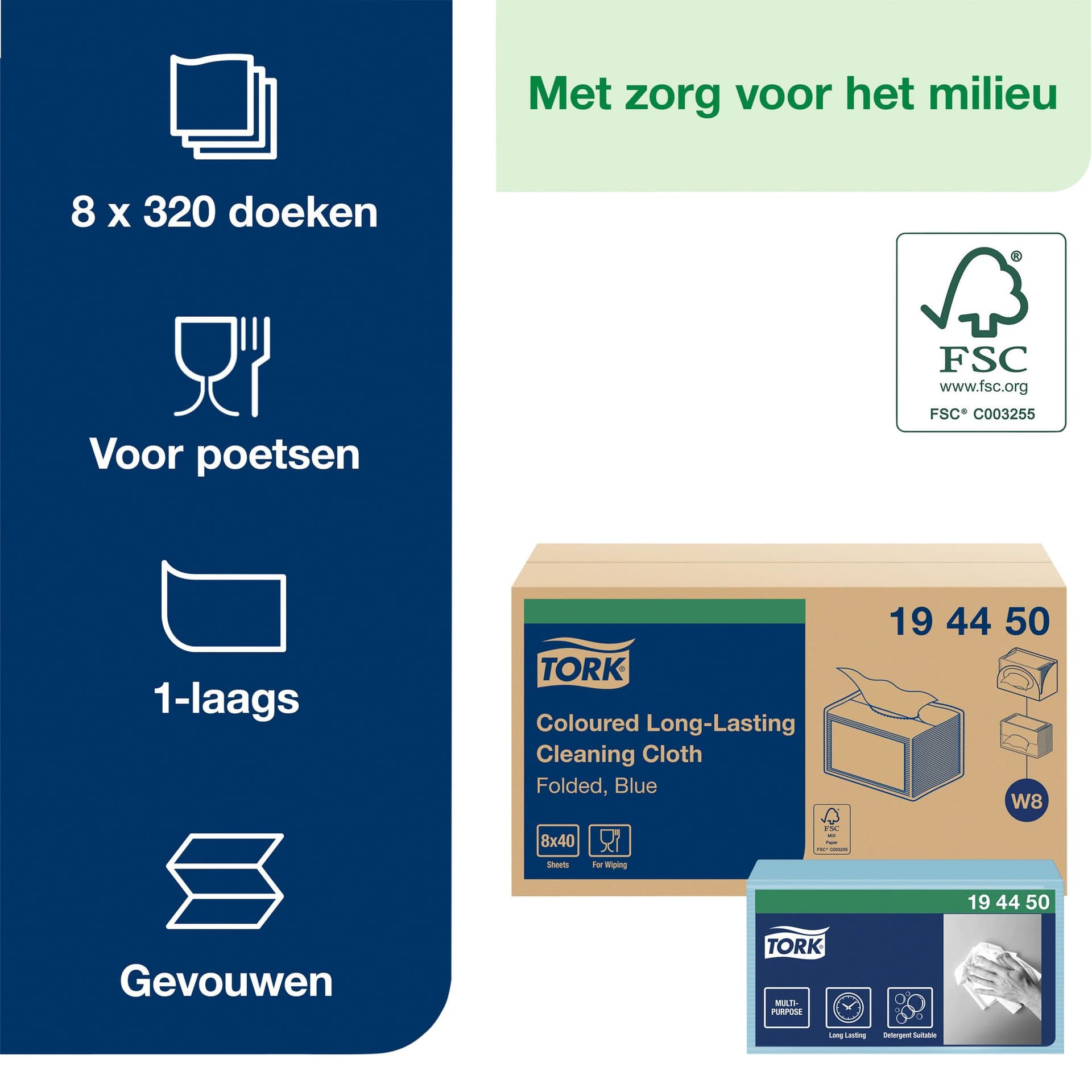 Reinigingsdoek Tork W8 Premium 1-laags 40 vel blauw 194450 6