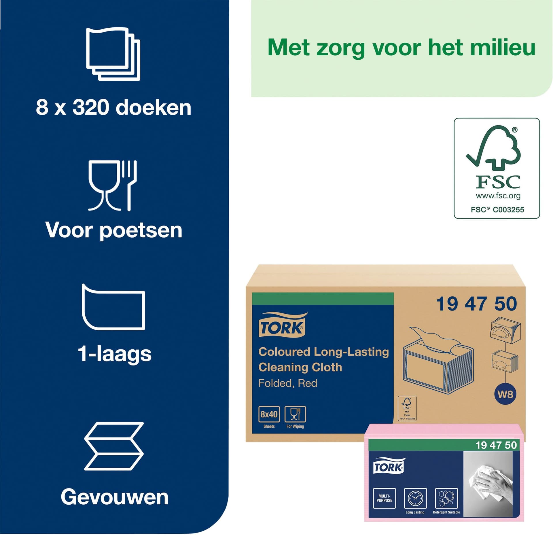 Reinigingsdoek Tork W8 Premium 1-laags 40 vel rood 194750 6