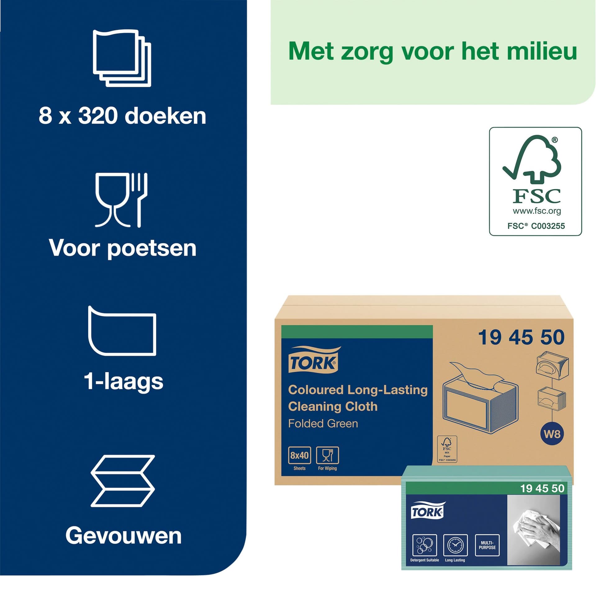 Reinigingsdoek Tork W8 Premium 1-laags 40 vel groen 194550 5