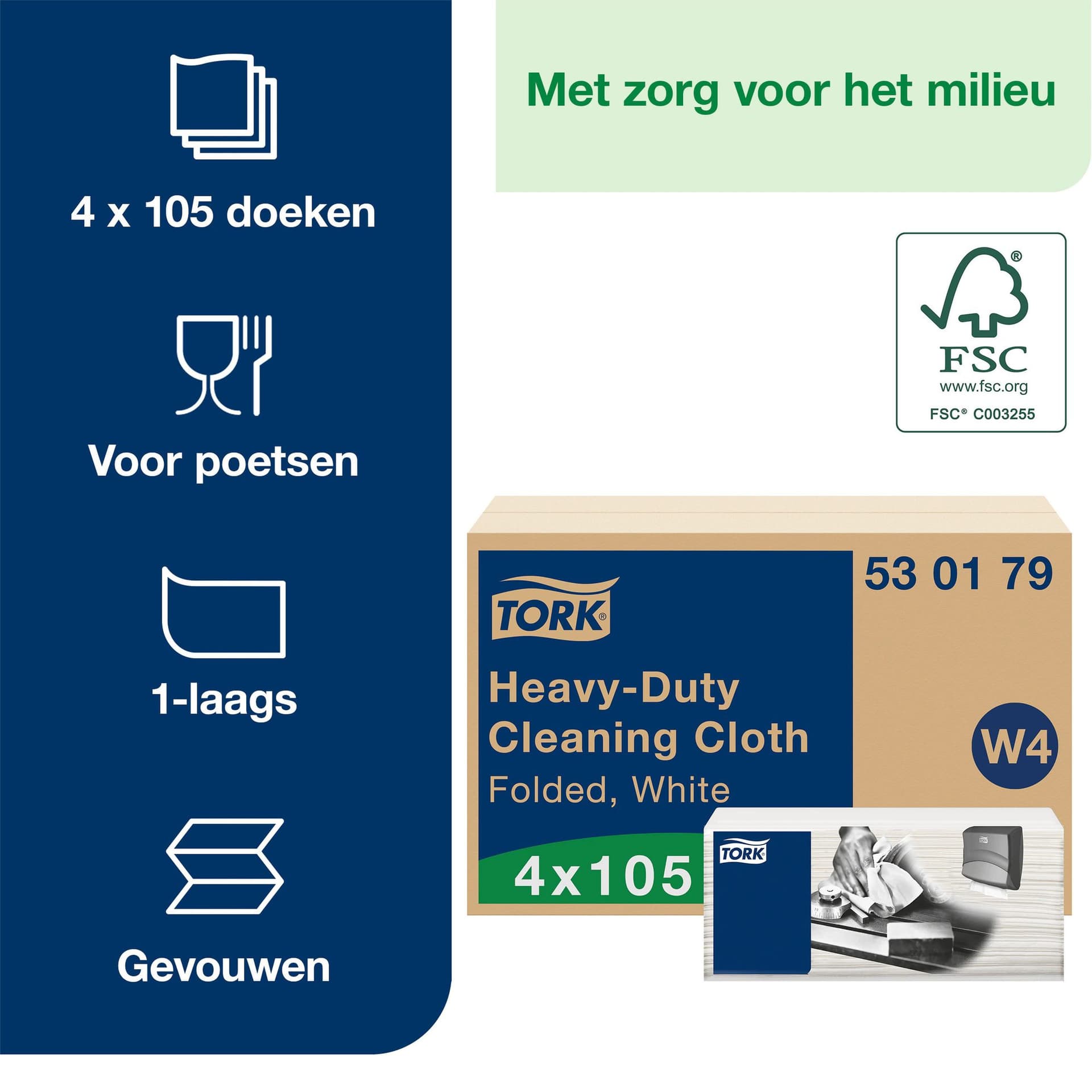 Reinigingsdoek Tork W4 Premium Heavy-Duty gevouwen 1-laags 4x105 vel wit 530179 3