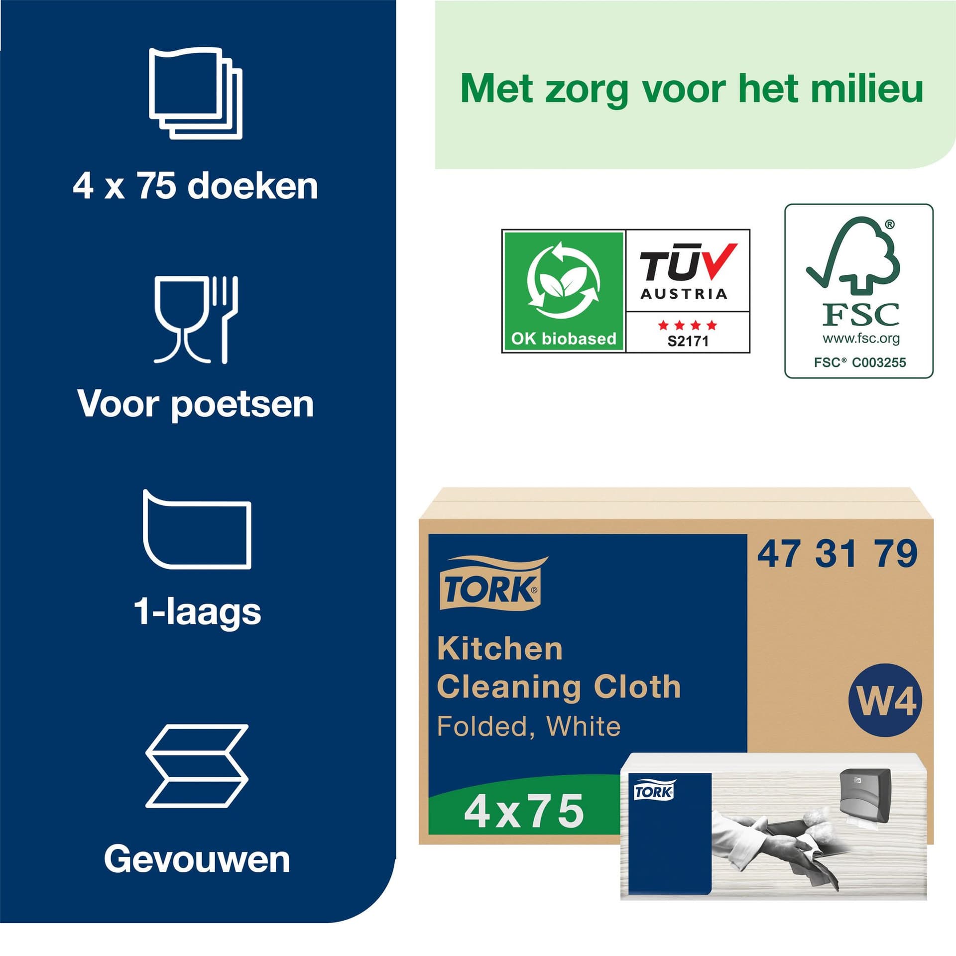Reinigingsdoek Tork W4 Premium gevouwen 1-laags 4x75 vel wit 473179 2