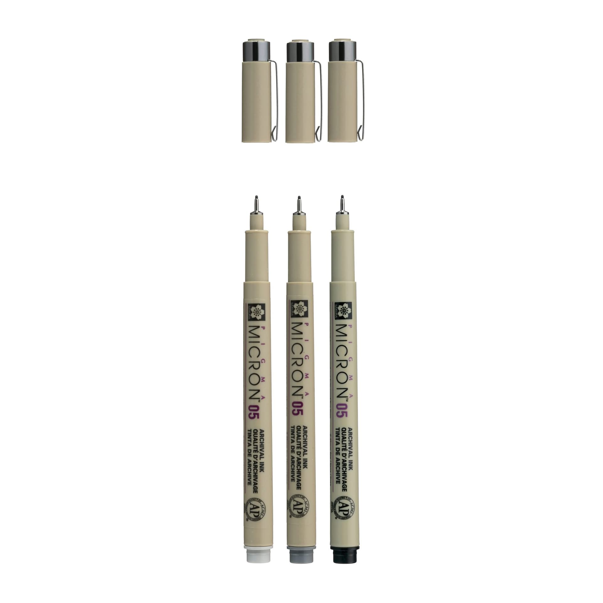Fineliner Sakura Pigma Micron 05 set zwart & grijs 3 maten 3