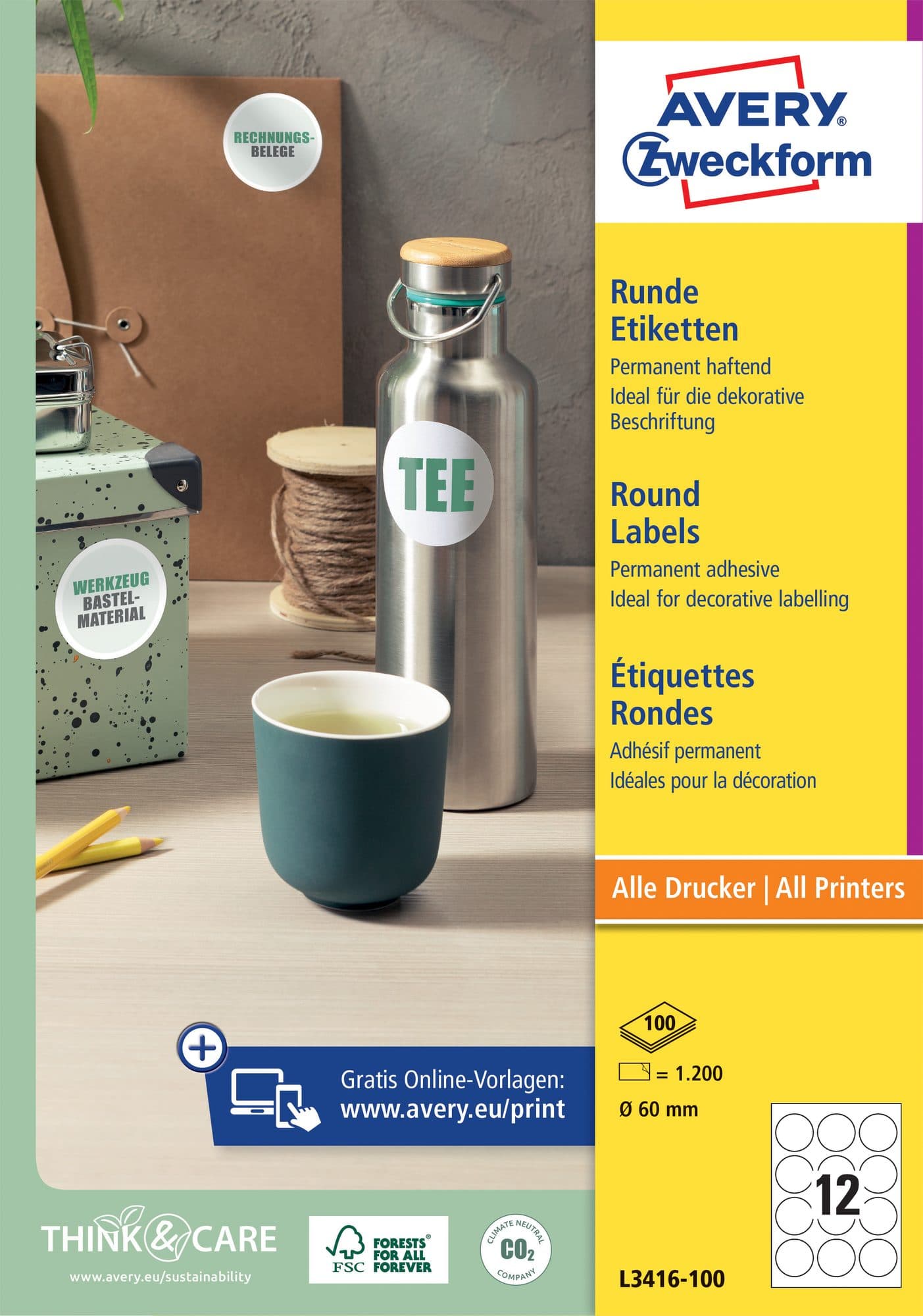 Etiket Avery L3416 rond 60mm wit 1200 stuks