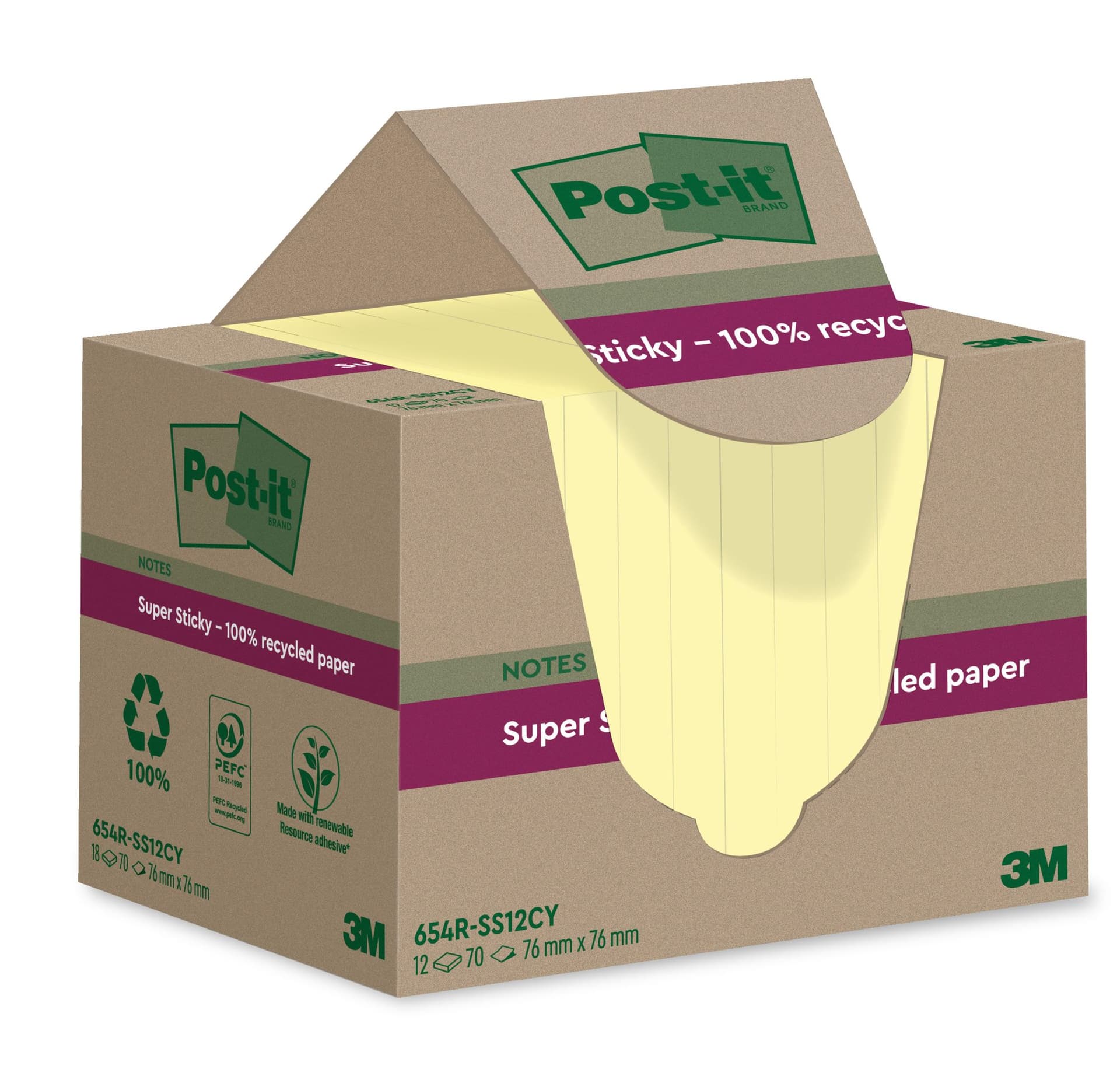 Memoblok Post-it Super Sticky 654 RSS12CY recycled 76x76mm canary yellow 12 stuks 5