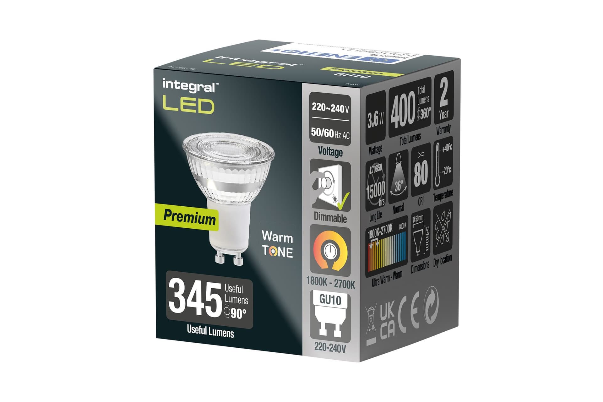 Ledlamp Integral GU10 1800-2700K warm wit 3.6W 380lumen 2