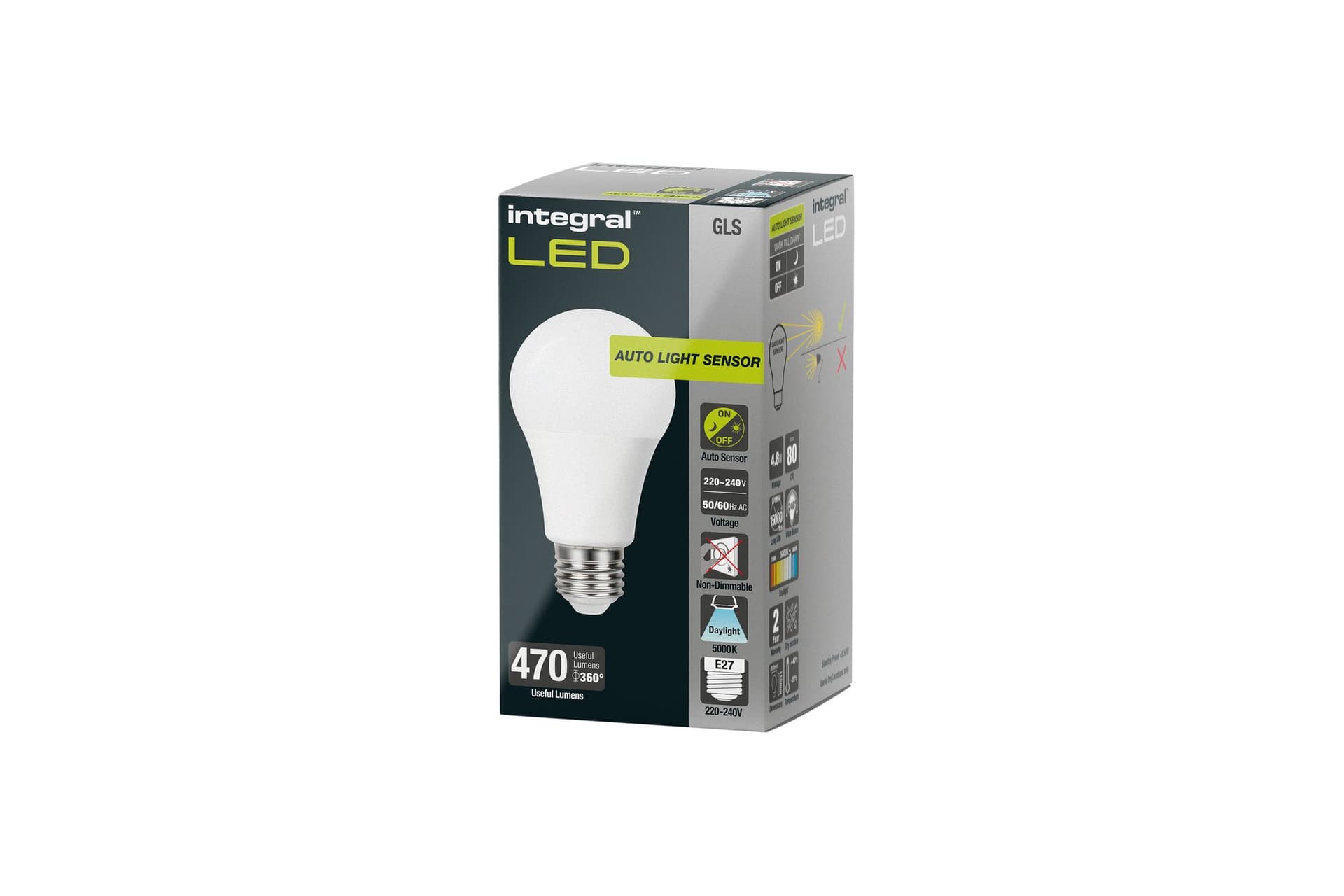 Ledlamp Integral E27 5000K koel wit 4.8W 470lumen dag/nacht sensor 2