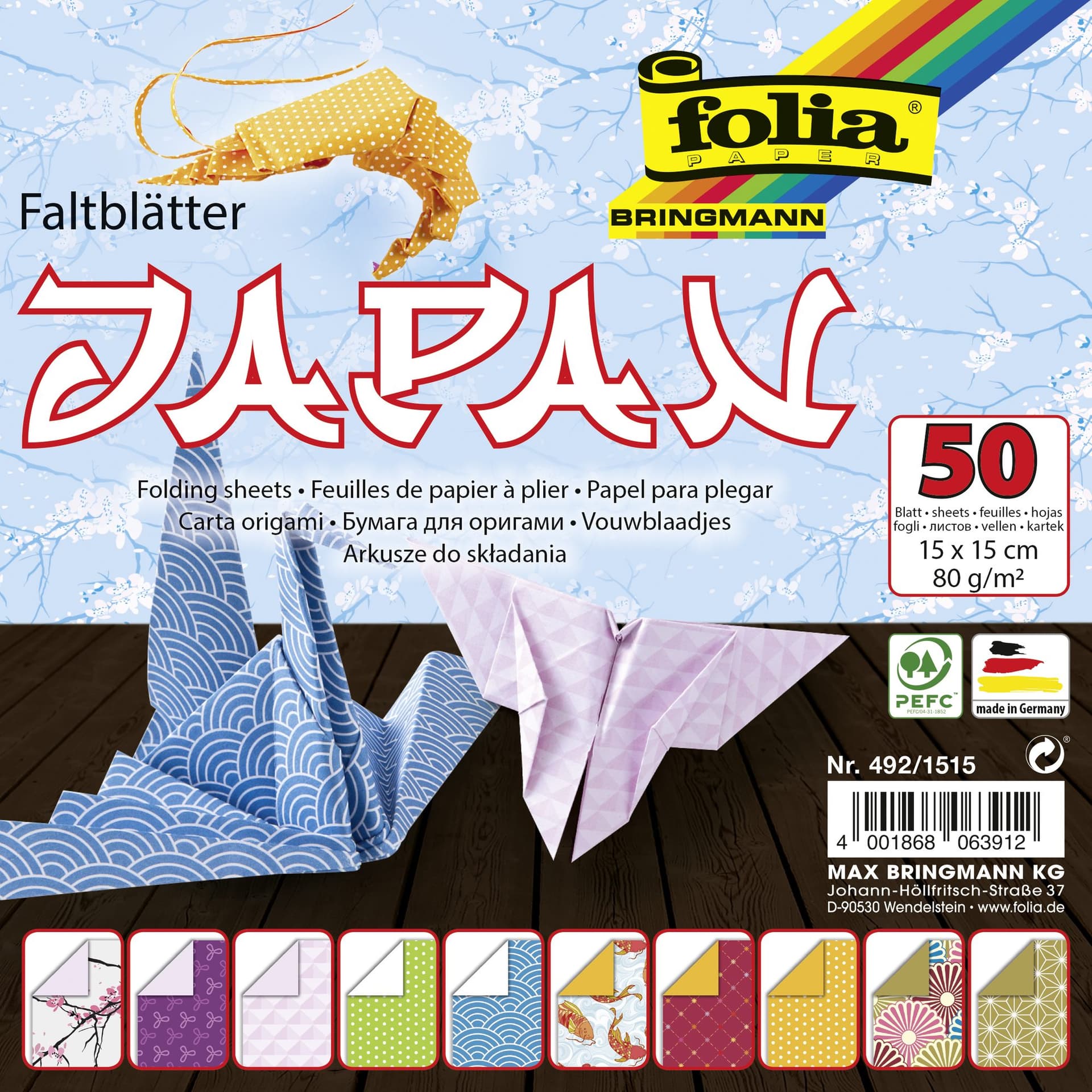 Vouwblaadjes Folia 80gr 15x15cm 50 vel 2-zijdig Japan 10 designs ass