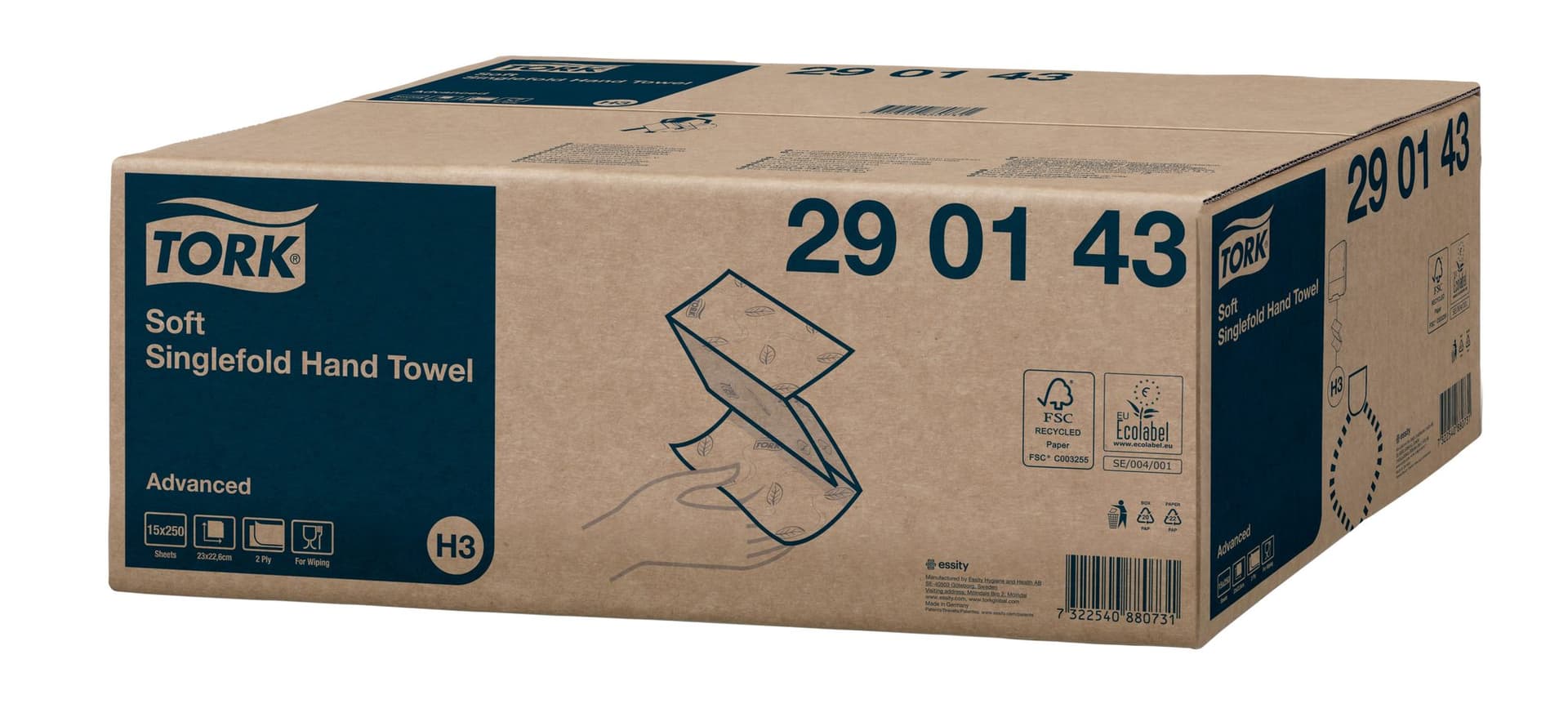 Handdoek Tork H3 Advanced singlefold 2-laags 226x230mm 15x250 vel wit 290143 2