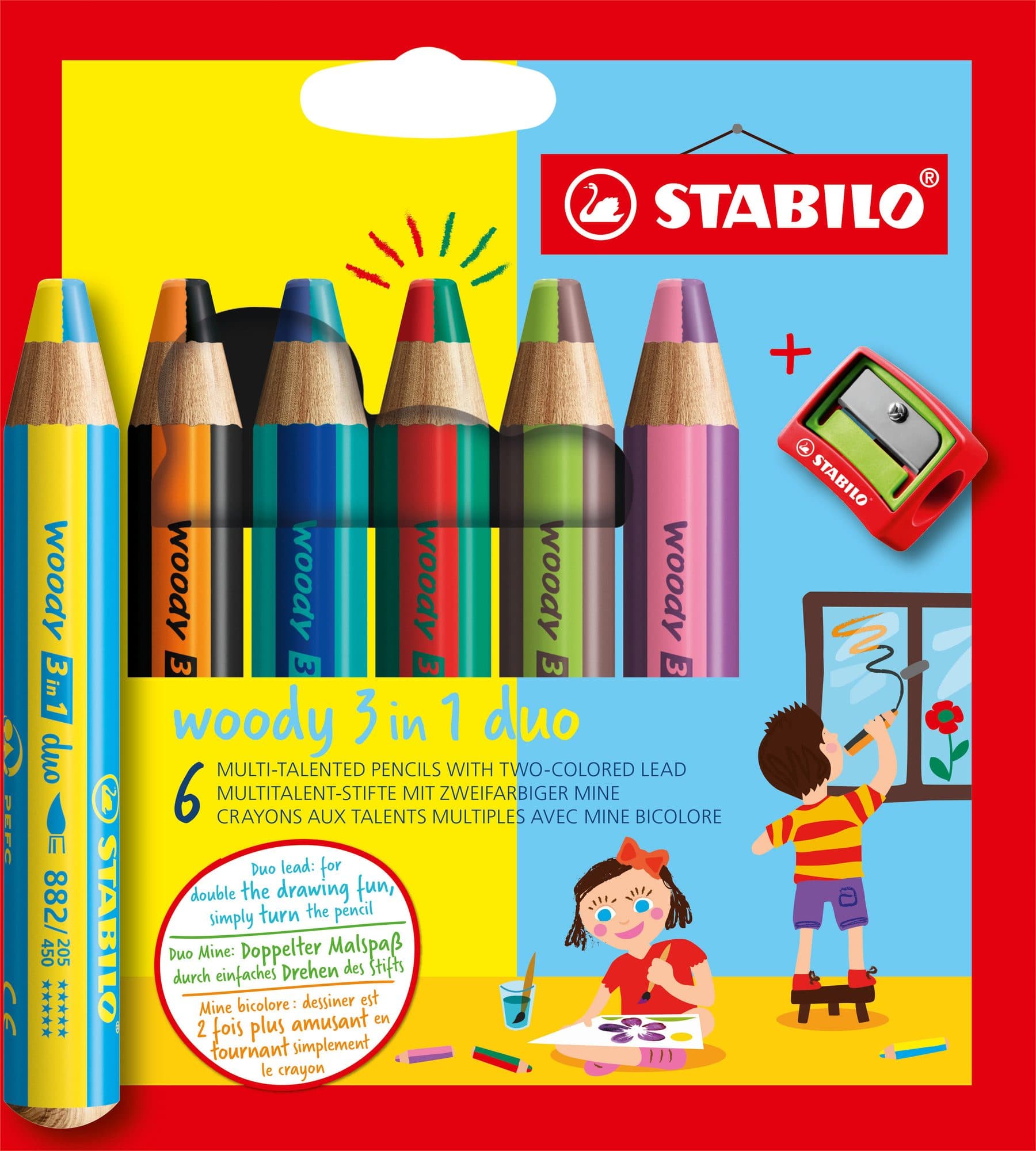 Kleurpotloden STABILO 882 woody 3 in 1 duo puntenslijper ass 6st