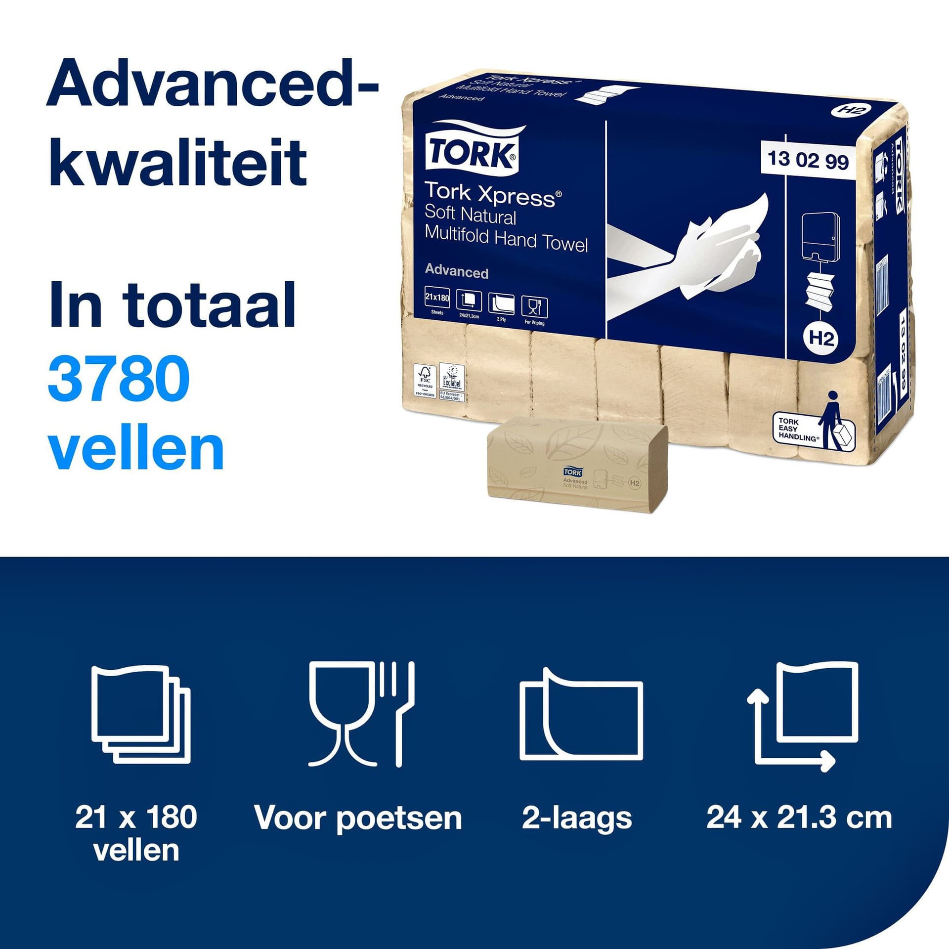 Handdoek Tork H2 Xpress Advanced multifold 2-laags 213x240mm 21x180 vel naturel 130299 2