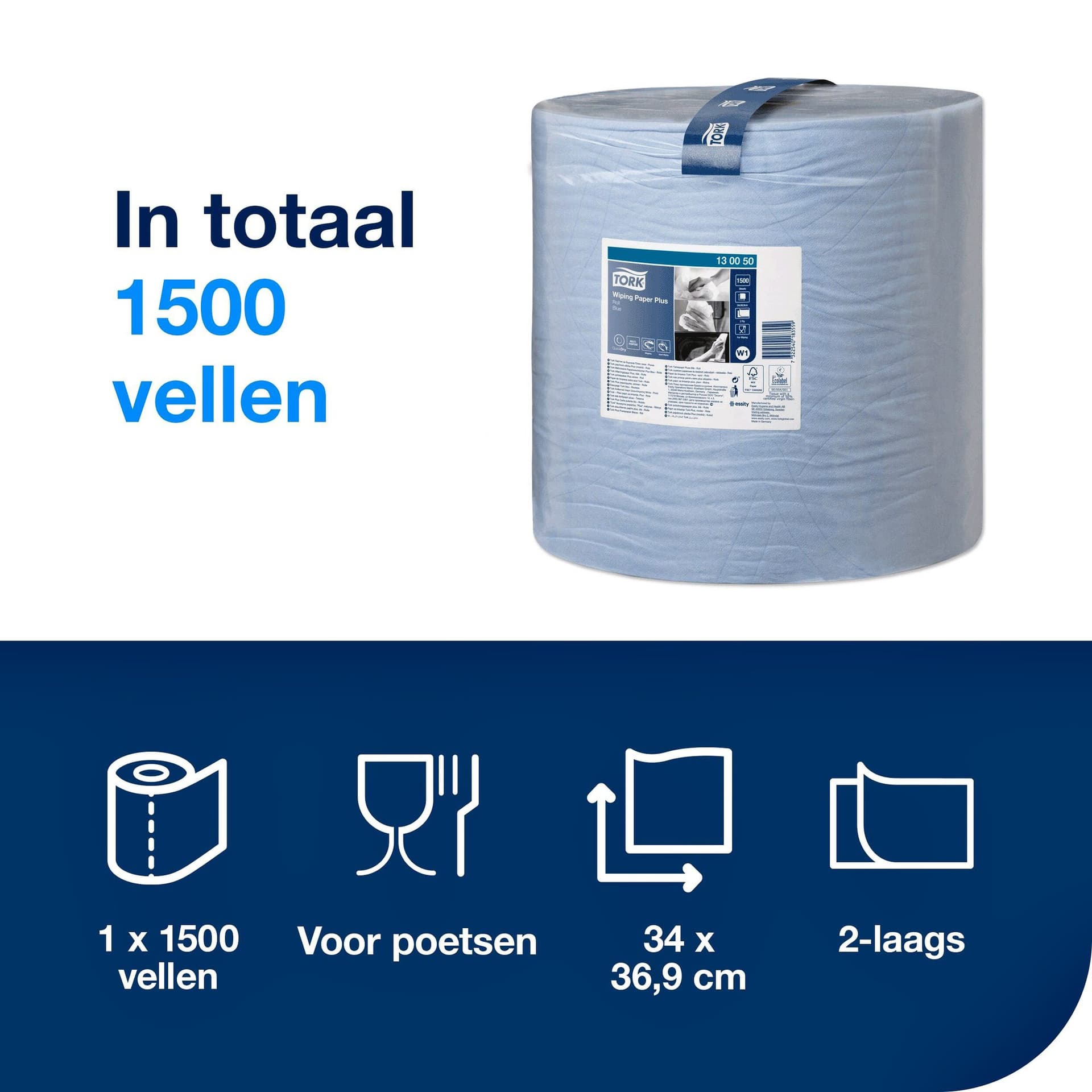 Poetspapier Tork W1 Plus Premium 2-laags 1500 vel blauw 130050 4