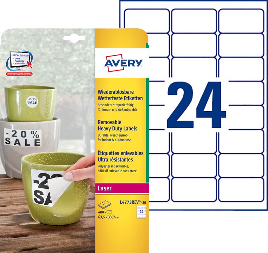Etiket Avery L4773REV-20 63.5x33.9mm wit 480 stuks 2