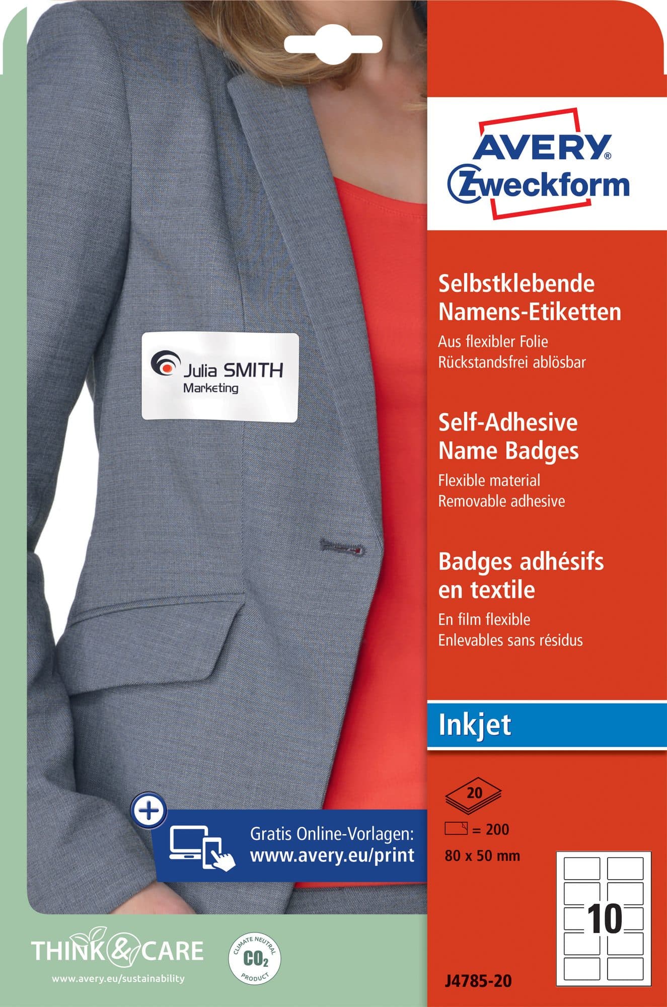 Naambadge etiket Avery J4785-20 80x50mm wit 200 stuks