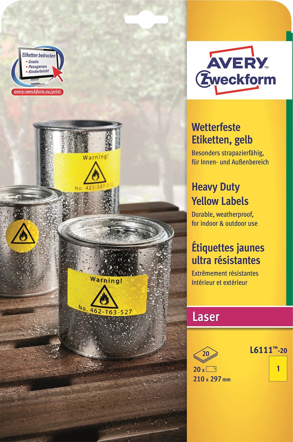 Etiket Avery L6111-20 210x297mm geel 20 stuks