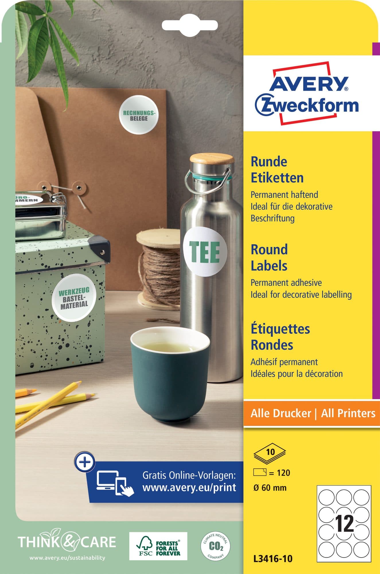 Etiket Avery L3416-10 rond 60mm wit 120 stuks