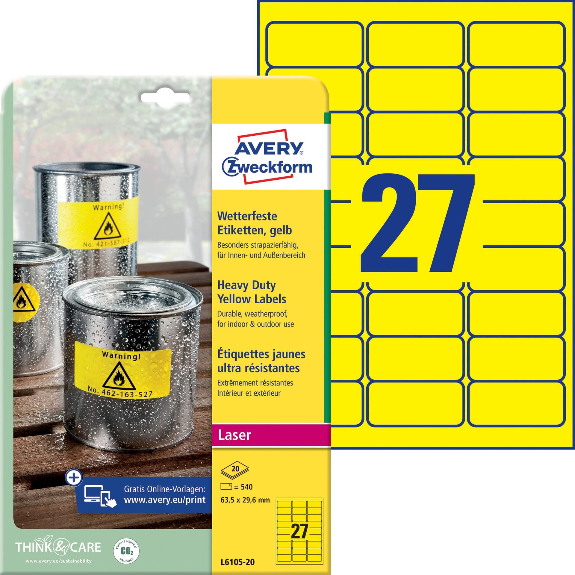 Etiket Avery L6105-20 63.5x29.6mm geel 540 stuks 2