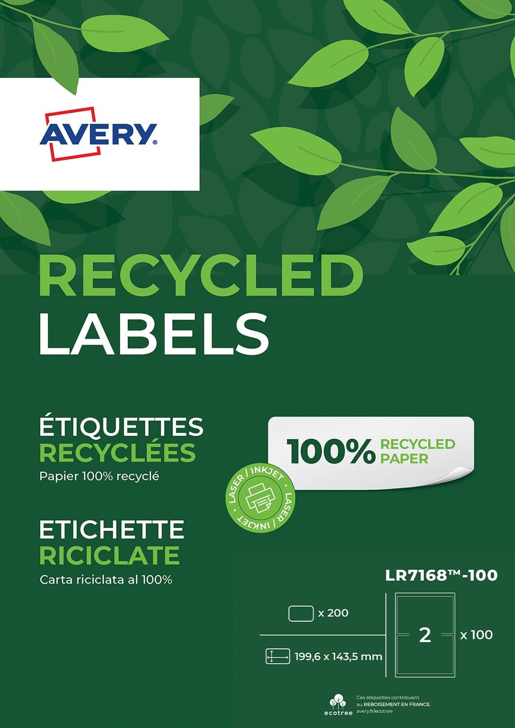 Etiket Avery LR7168-100 199.6x143.5mm recycled wit 200 stuks