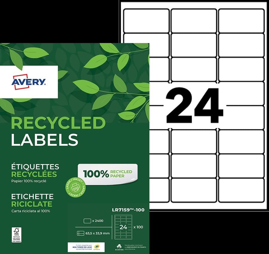 Etiket Avery LR7159-100 63.5x33.9mm recycled wit 2400 stuks 2