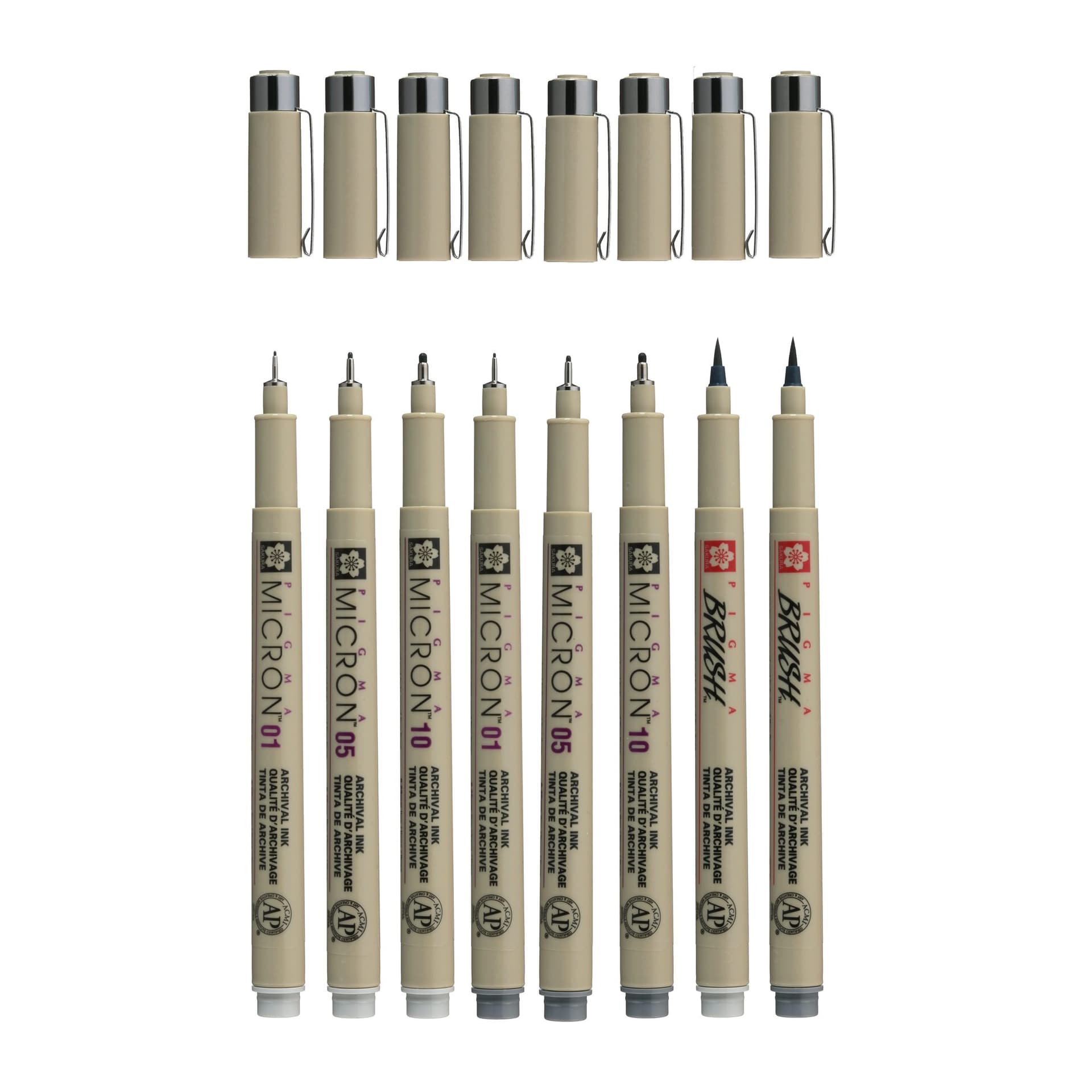 Fineliner Sakura Pigma Micron 6 schrijfbreedtes - 2 brushpen koudgrijs 3