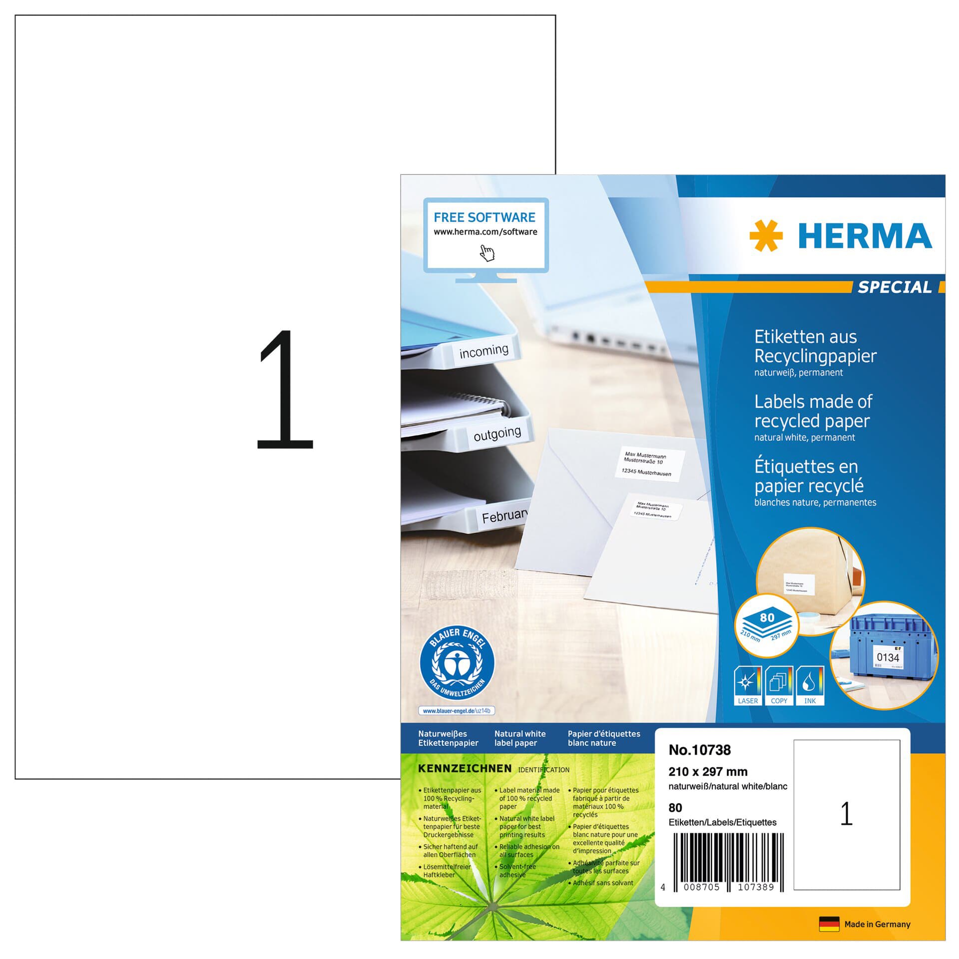 Etiket HERMA recycling 10738 210x297mm wit 80 stuks