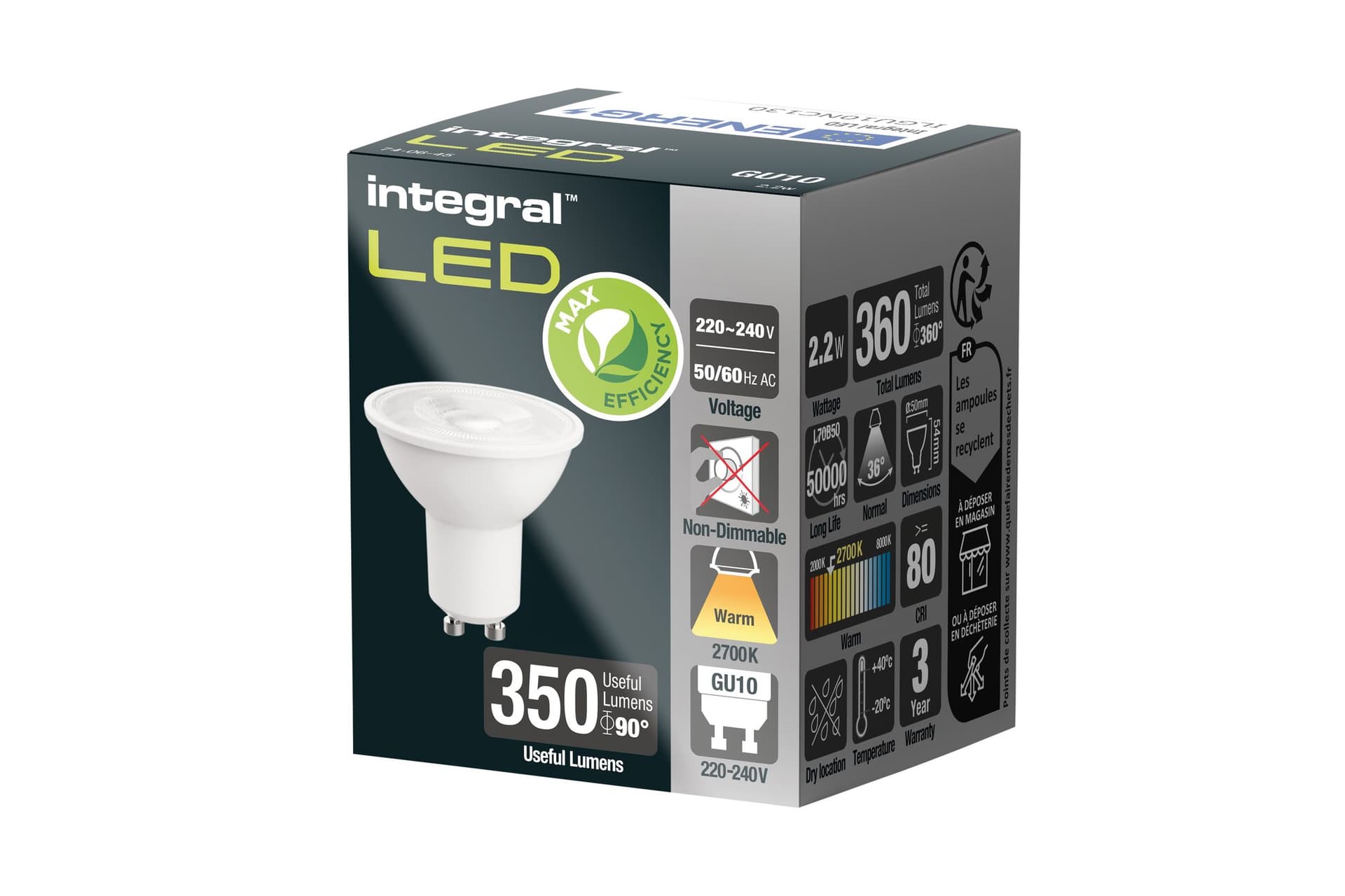 Ledlamp Integral GU10 2700K warm wit 2.2W 360lumen 2