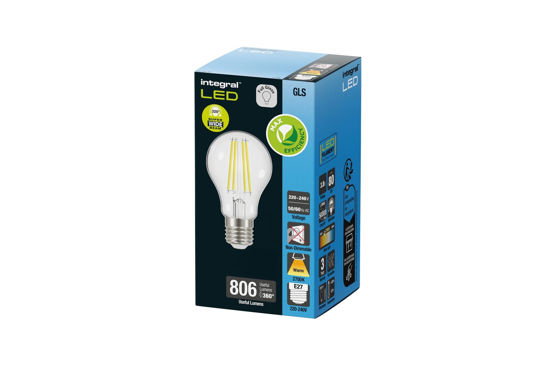 Ledlamp Integral E27 2700K warm wit 3.8W 806lumen 2