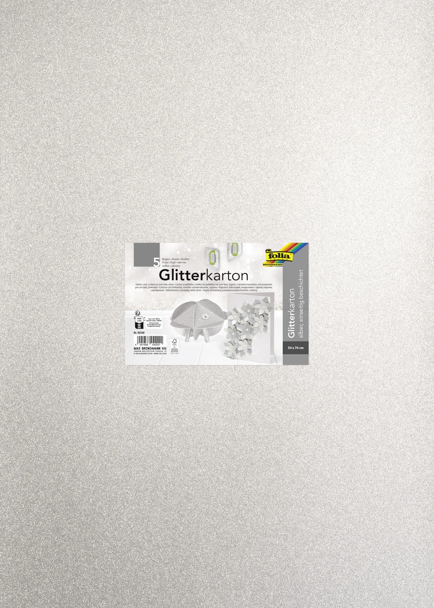 Glitterkarton Folia 50x70cm 300gr 5 vel zilver
