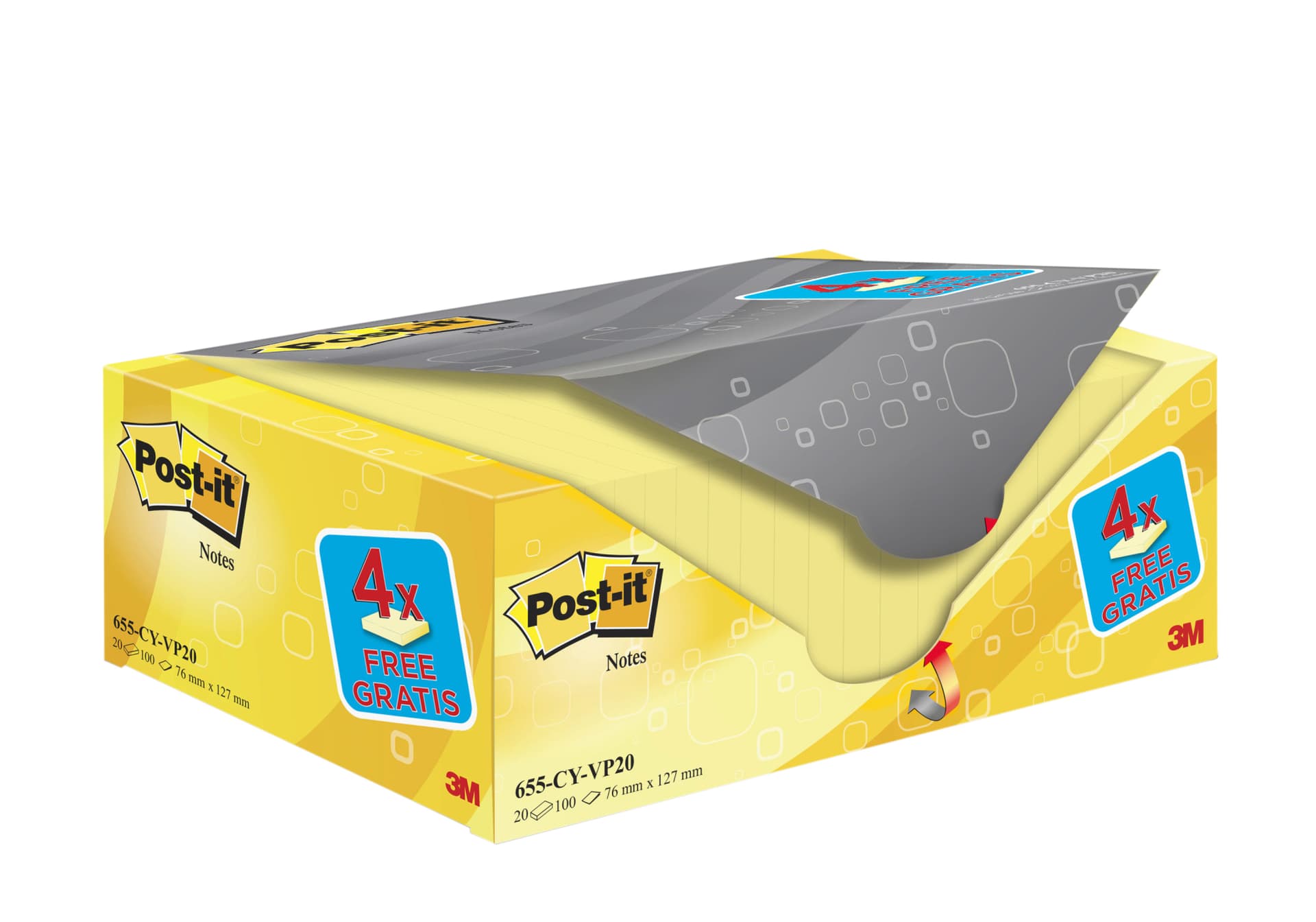 Memoblok 3M Post-it 655 76x127mm geel 16 + 4 gratis 2