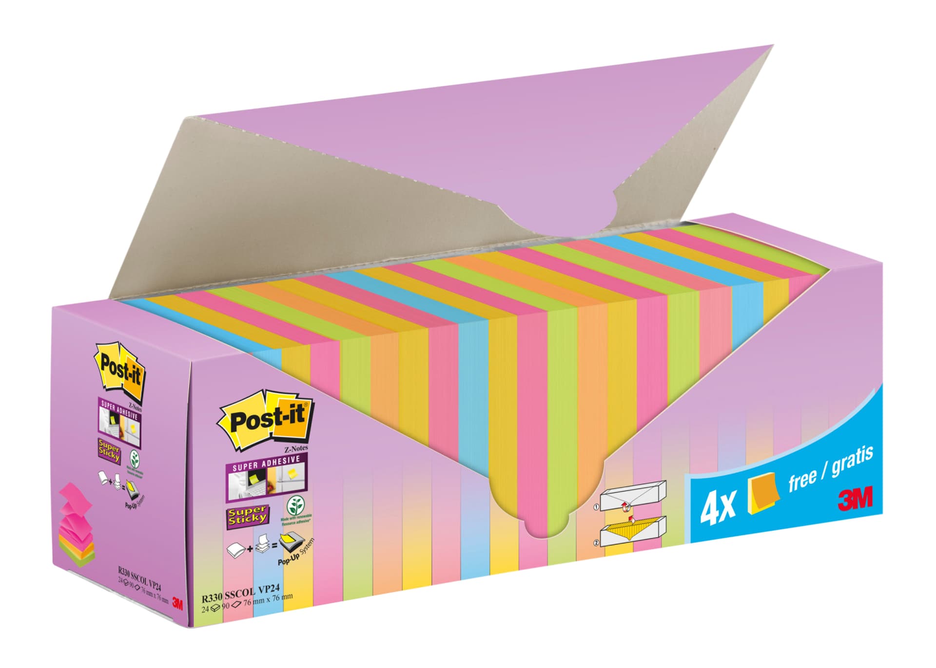 Memoblok 3M Post-it Z-Note R330 Super Sticky 76x76mm assorti kleur 20 + 4 gratis 2
