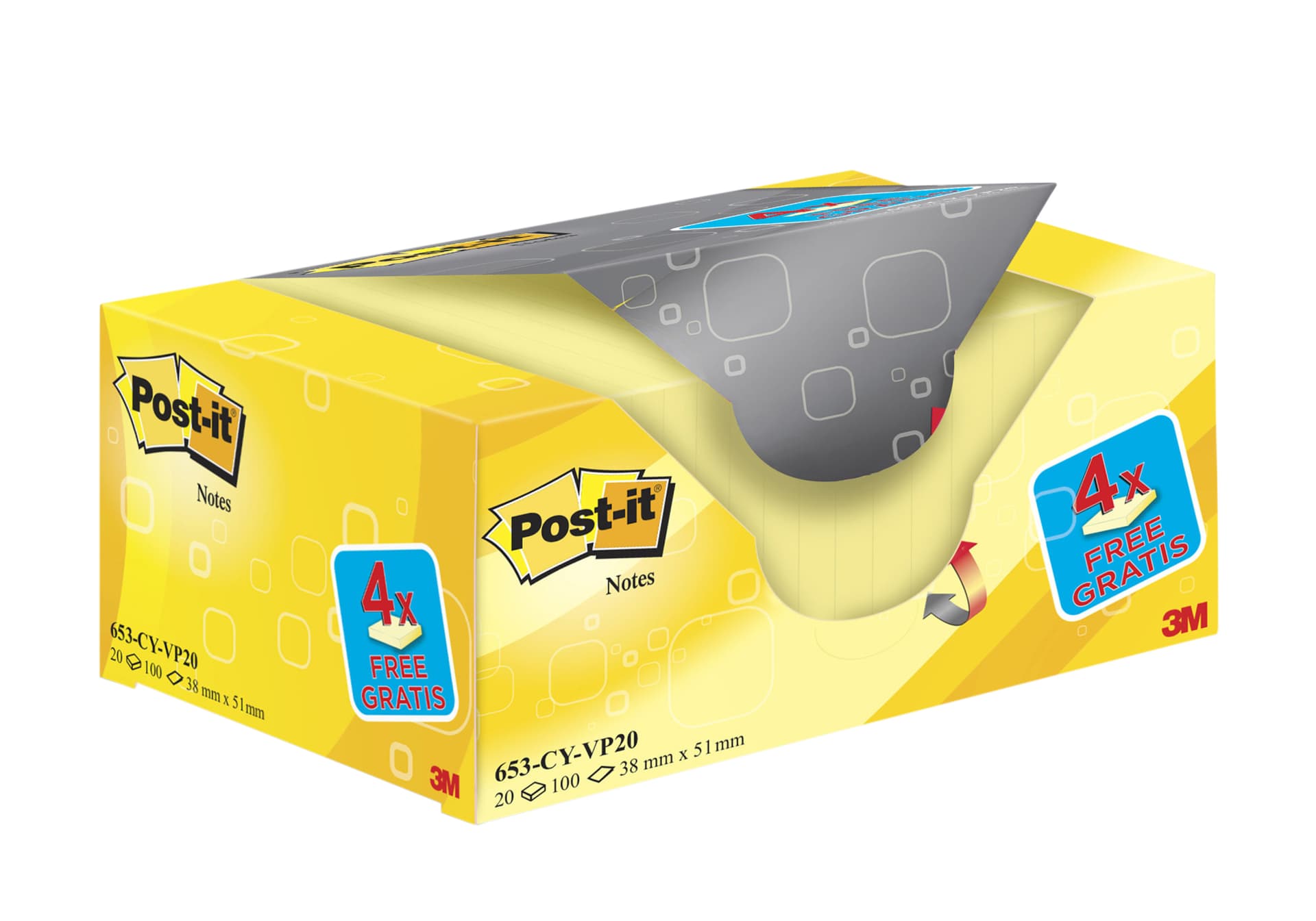 Memoblok 3M Post-it 653 38x51mm geel 16 + 4 gratis 2