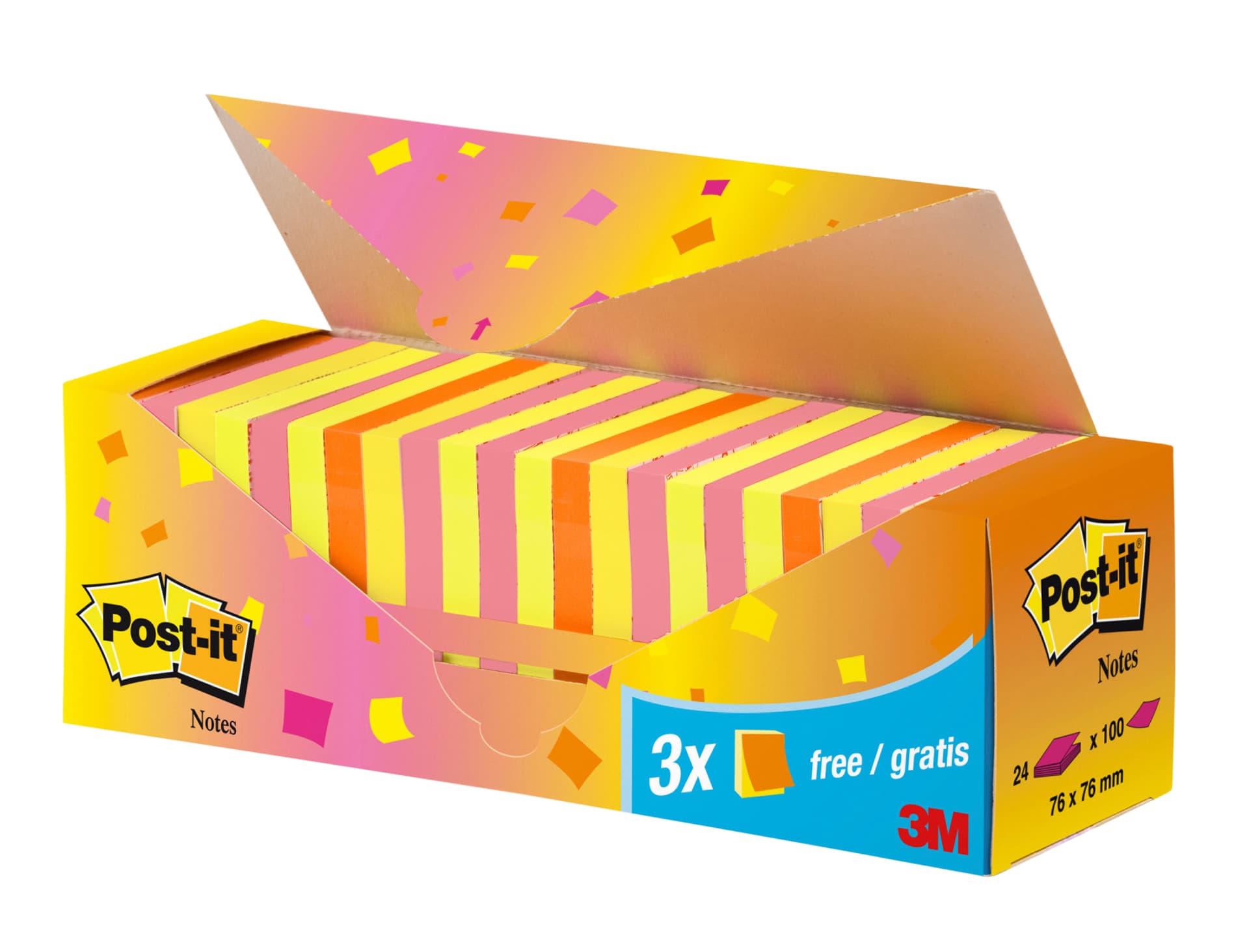 Memoblok 3M Post-it 654 76x76mm neon assorti 21 + 3 gratis 2