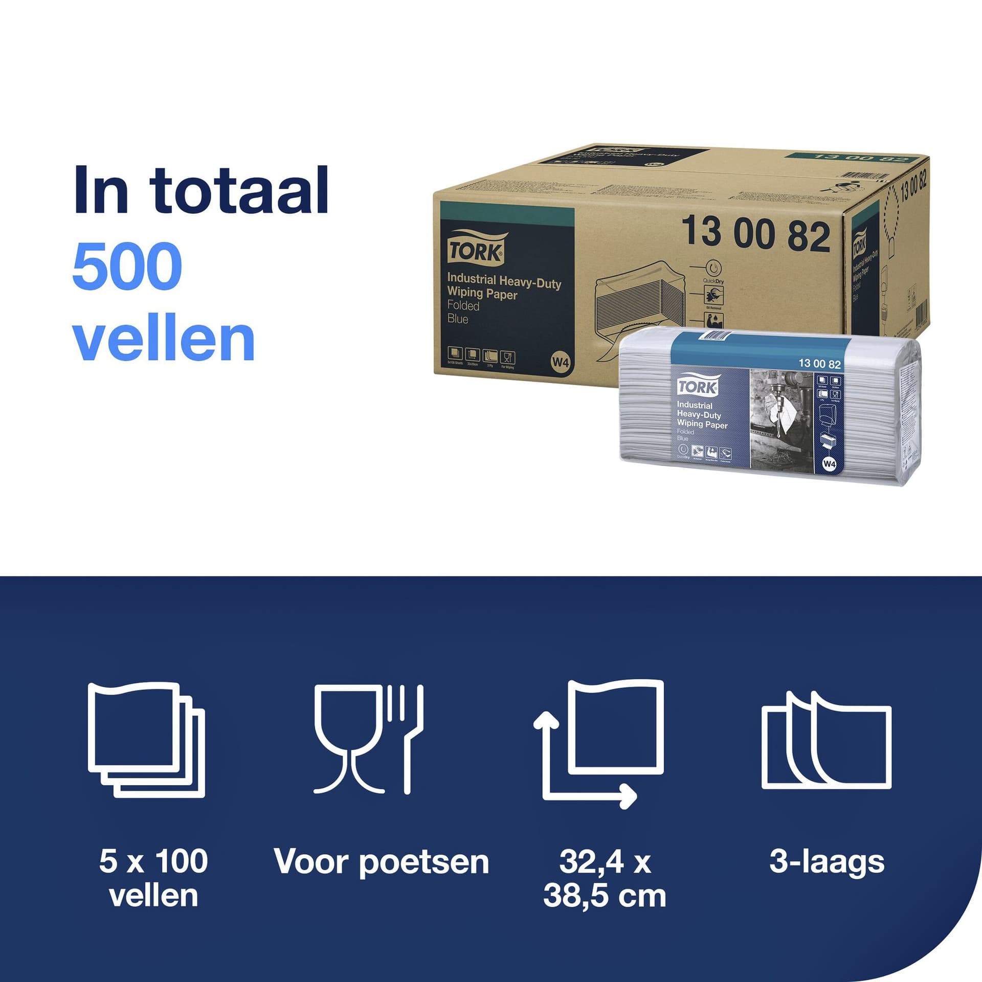 Reinigingsdoek Tork W4 Premium Industrial Heavy-Duty gevouwen 3-laags 5x100 vel blauw 130082 2
