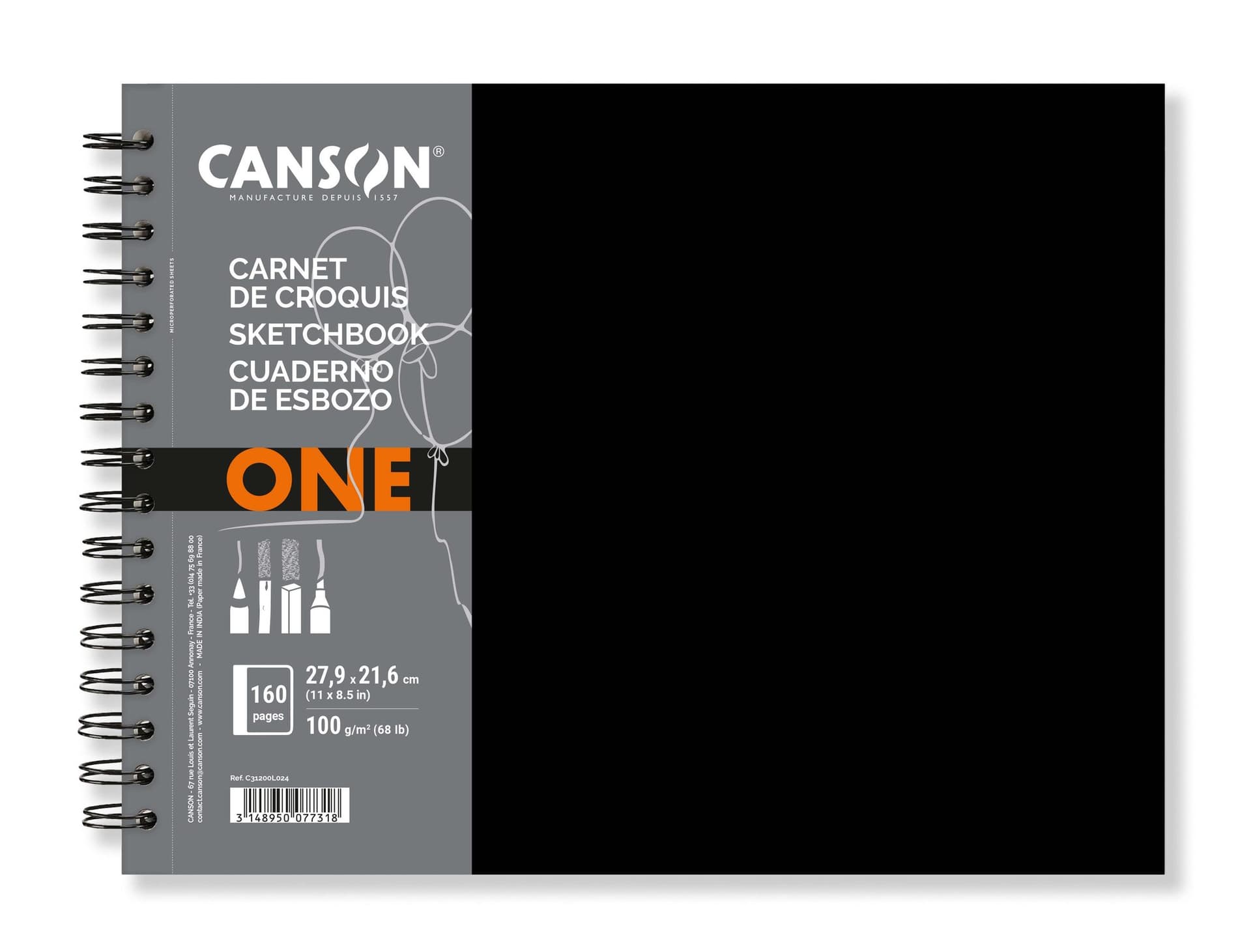 Schetsboek Canson Art Book One spiraalgebonden 160vel 100gr 279x216mm wit