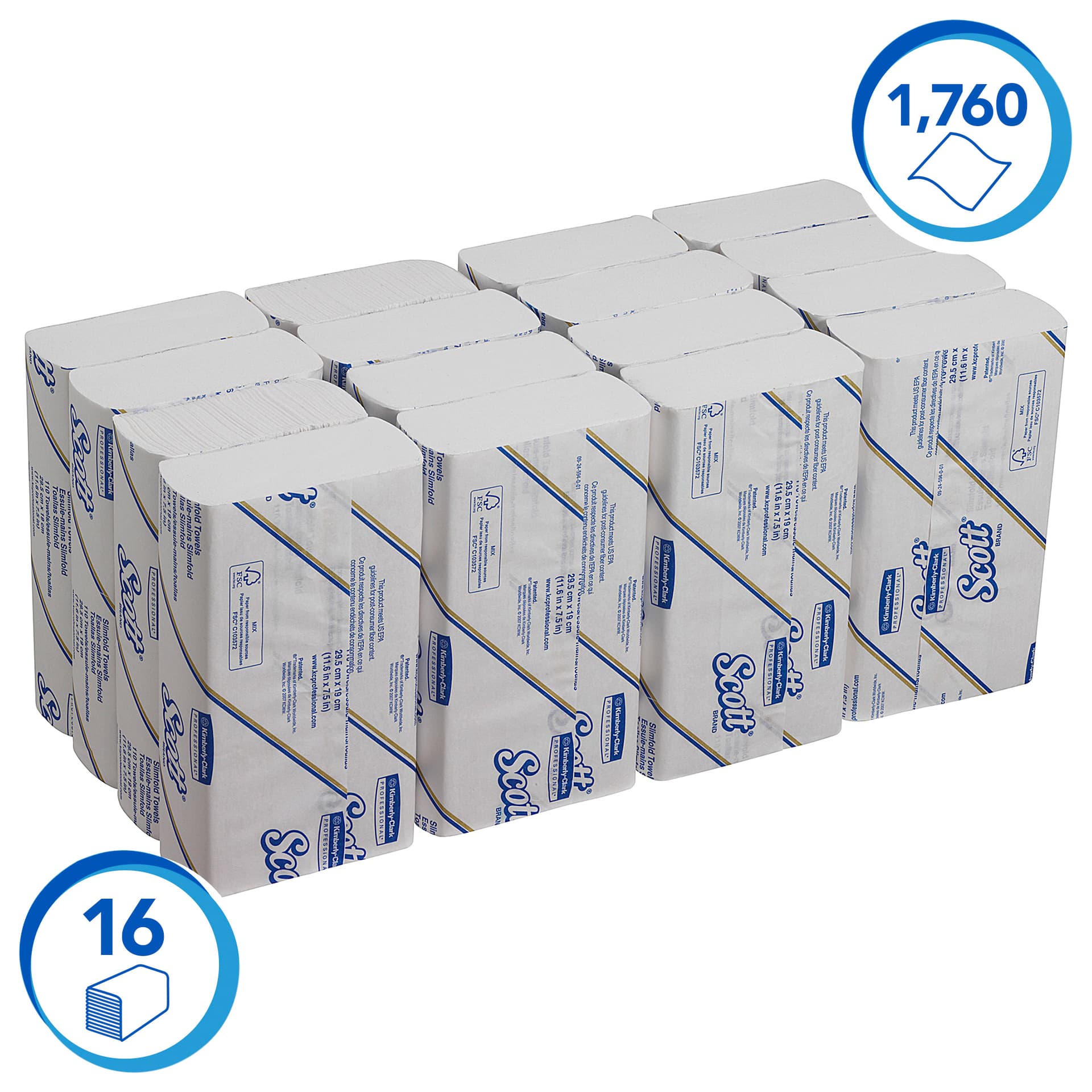 Handdoek Scott Slimfold m-vouw 1-laags 190x300mm 16x110 vel wit 5856 2